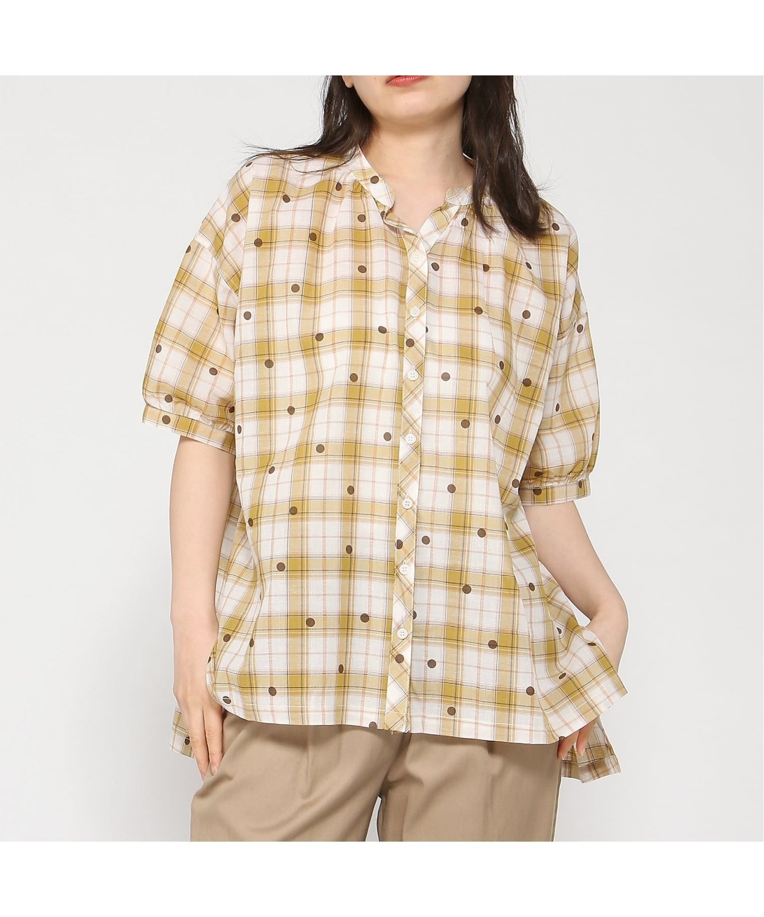 【クラウドナイン/cloudnine】のcloudnine/【2026 新作】ジャカードチェック×ドット柄チュニック 5分袖前開きスキッパー 前後差付 体型カバー インテリア・キッズ・メンズ・レディースファッション・服の通販 founy(ファウニー) 　ファッション　Fashion　レディースファッション　Fashion for Women　トップス・カットソー　Cut & Sew Tops　イエロー　Yellow　ジャカード／ジャガード　Jacquard, Woven Pattern　スキッパー　Skipper, Open Collar　チェック　Check, Plaid, Tartan　チュニック　Tunic, Long Top　ドット　Polka Dot, Dot Pattern　プリント　Print, Printed Pattern　50 イエロー|ID: prp329100004973451 ipo3291000000037290162