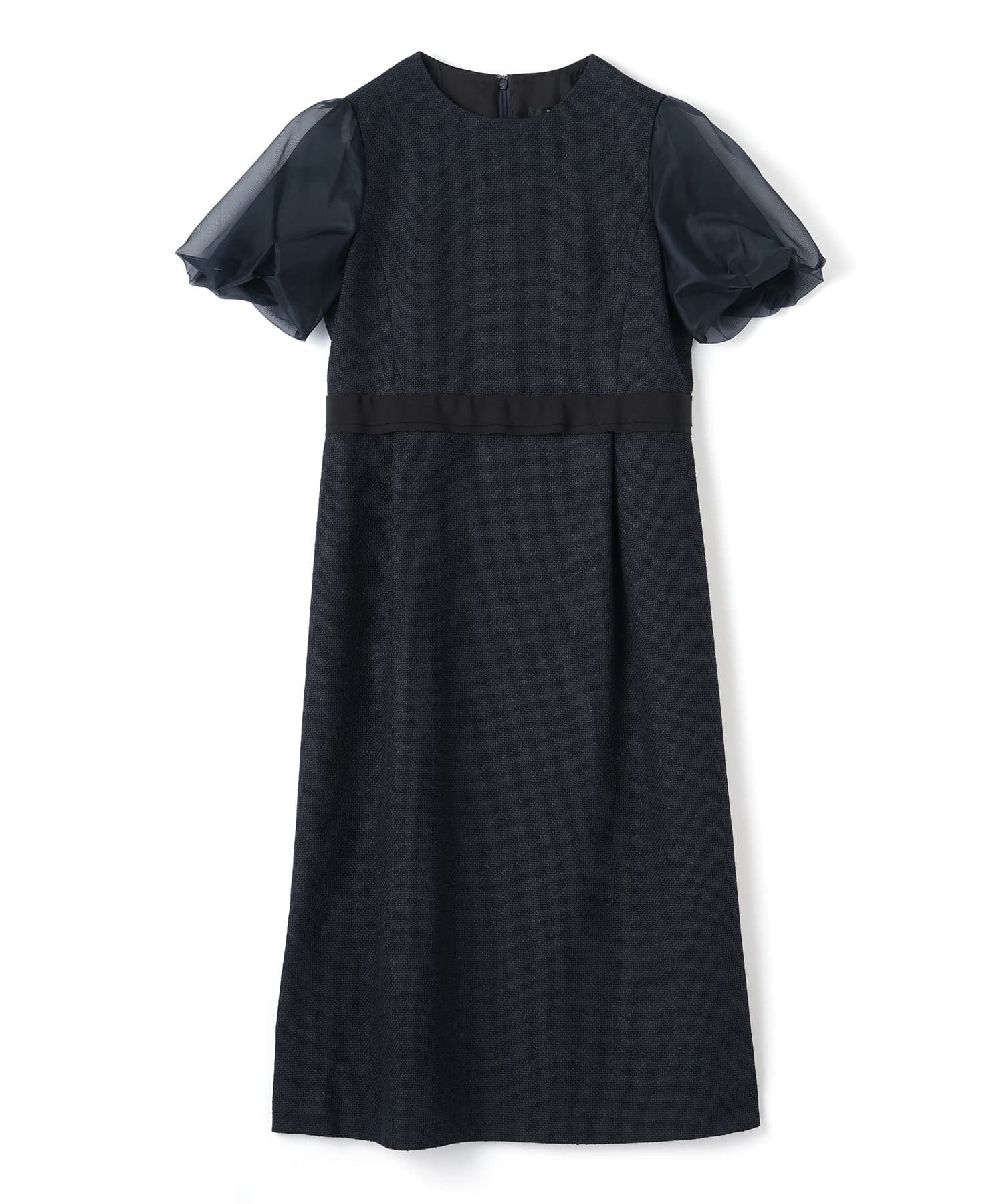 【ランバンコレクション/LANVIN COLLECTION】のパフスリーブワンピース インテリア・キッズ・メンズ・レディースファッション・服の通販 founy(ファウニー) 　ファッション　Fashion　レディースファッション　Fashion for Women　ワンピース　Dresses　スリーブ　Sleeve, Long Sleeve / Short Sleeve　ツイード　Twill, Twill Weave　ネップ　Nepp, Slub Yarn　フェミニン　Feminine, Girly　ネイビー|ID: prp329100004973706 ipo3291000000037291165