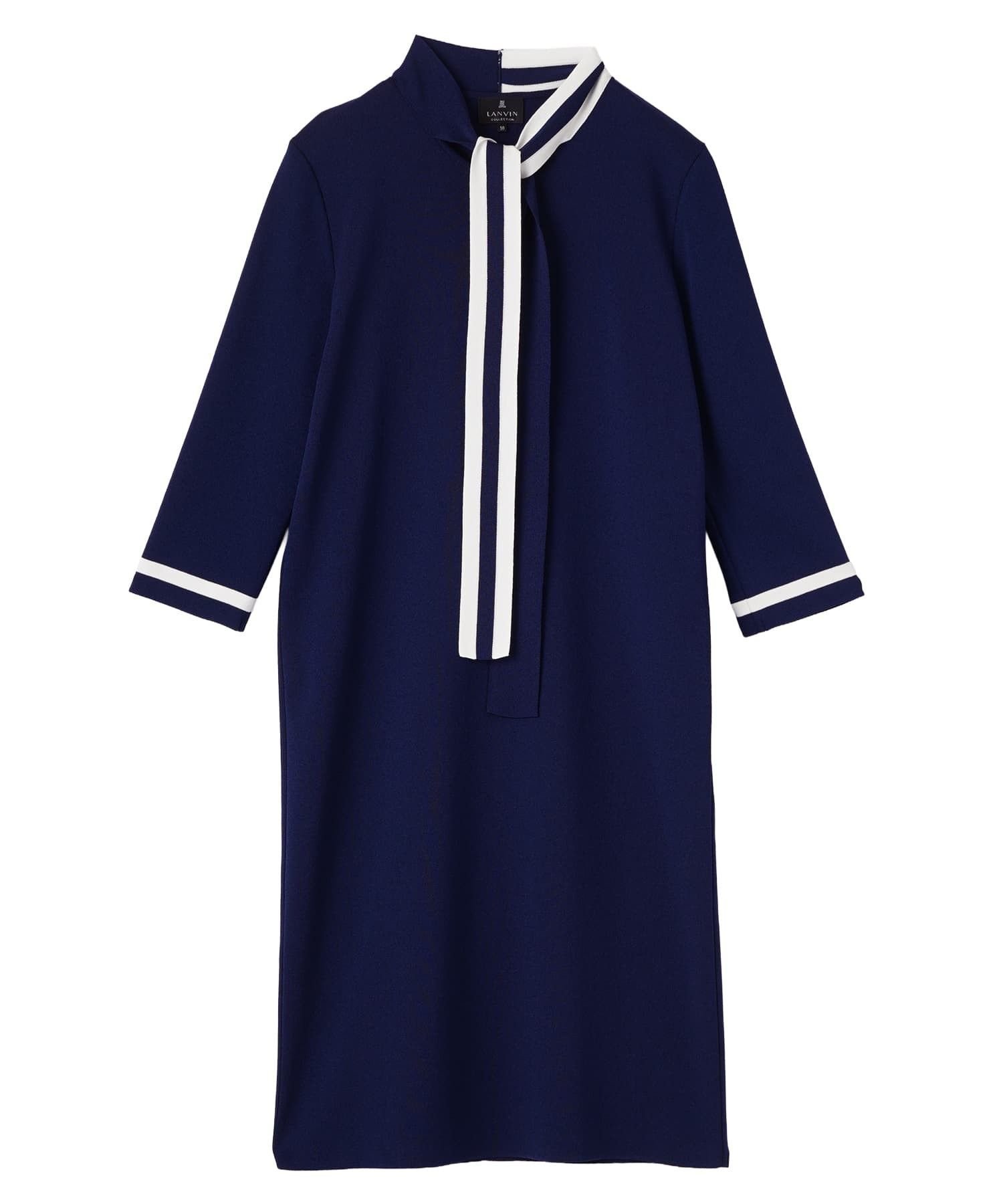 【ランバンコレクション/LANVIN COLLECTION】のボウタイニットワンピース インテリア・キッズ・メンズ・レディースファッション・服の通販 founy(ファウニー) 　ファッション　Fashion　レディースファッション　Fashion for Women　ワンピース　Dresses　ニットワンピース　Knit Dresses　おすすめ　Recommended / Our Picks　シンプル　Simple, Minimal　センター　Center, Center Line　チェック　Check, Plaid, Tartan　ネイビー|ID: prp329100004973751 ipo3291000000037291335