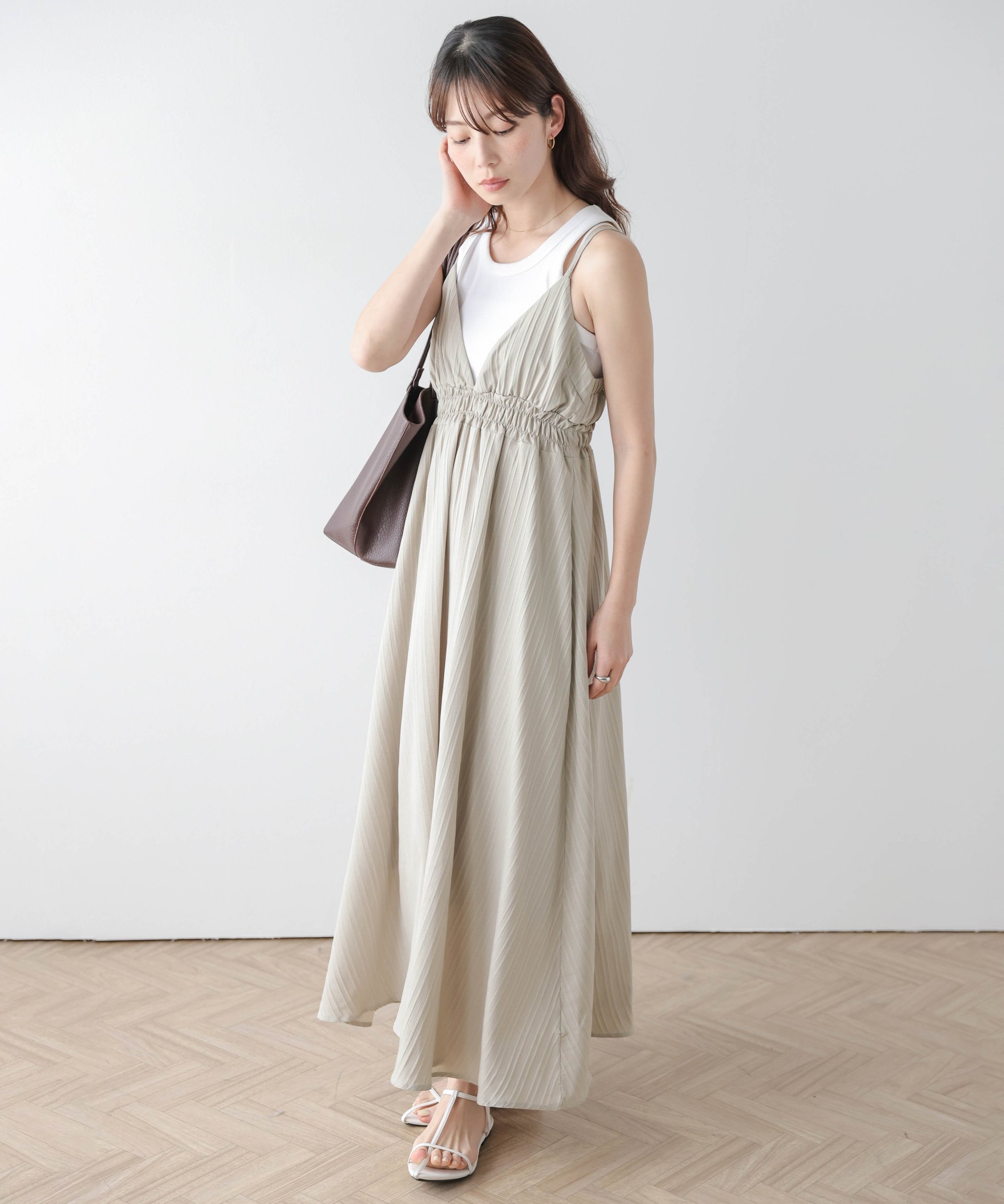 【ラジュール/Lajour】のギャザーキャミソールワンピース インテリア・キッズ・メンズ・レディースファッション・服の通販 founy(ファウニー) 　ファッション　Fashion　レディースファッション　Fashion for Women　ワンピース　Dresses　2026年　2026　2026春夏・S/S　Spring/Summer 2026 SS26　インナー　Innerwear　ギャザー　Gathered, Ruffled　ストライプ　Stripe, Striped Pattern　フェミニン　Feminine, Girly　フレア　Flare, Flared　ベージュ|ID: prp329100004974015 ipo3291000000037292299
