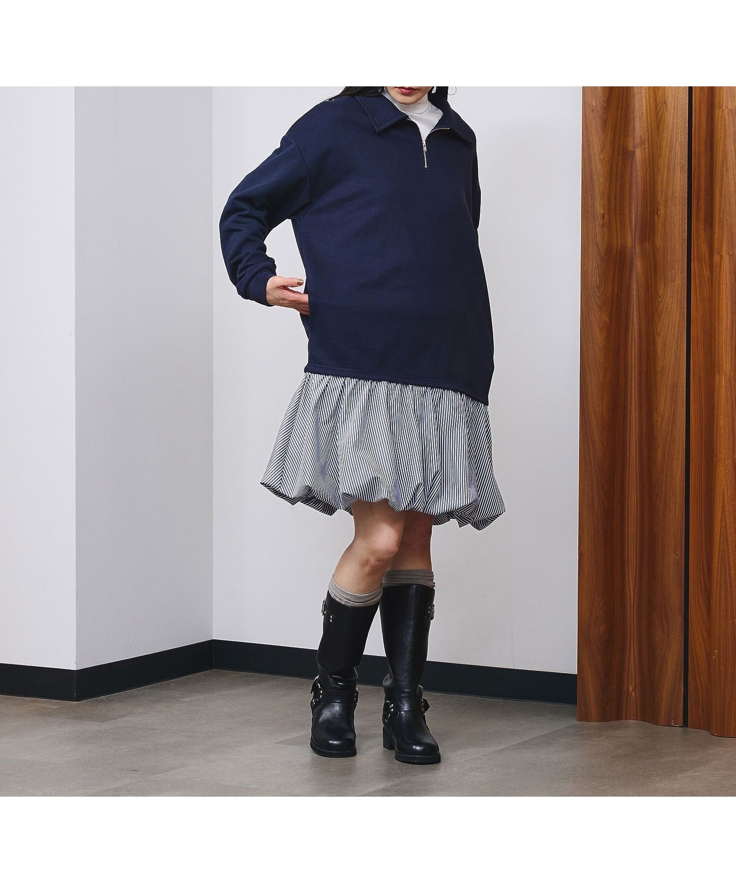 【ローズバッド/ROSE BUD】のBALLOON DOCKING DRESS インテリア・キッズ・メンズ・レディースファッション・服の通販 founy(ファウニー) 　ファッション　Fashion　レディースファッション　Fashion for Women　ワンピース　Dresses　フォーマル・パーティードレス・結婚式用ドレス　Elegant & Casual Dresses　スウェット / スエット　Sweatshirt, Sweatwear　ストライプ　Stripe, Striped Pattern　デニム　Denim, Jeans Material　ドッキング　Docking, Mixed Material　バランス　Balance, Style Balance　バルーン　Balloon, Balloon Silhouette　ポケット　Pocket, Pocket Detail　楽ちん　Easy Fit, Comfortable　冬　Winter / This Winter　NAVY|ID: prp329100004974124 ipo3291000000037292662