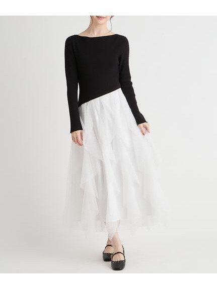 【セルフォード/CELFORD】のラッフルスカートドッキングニットワンピ インテリア・キッズ・メンズ・レディースファッション・服の通販 founy(ファウニー) 　ファッション　Fashion　レディースファッション　Fashion for Women　スカート　Skirts　おすすめ　Recommended / Our Picks　アシンメトリー　Asymmetrical Style　ウェーブ　Wavy Pattern　ストレート　Straight, Straight Cut　スマート　Smart, Elegant　チュール　Tulip, Tulip Motif　フレア　Flare, Flared　夏　Summer　長袖　Long Sleeve, Full Sleeve　BLK[009]|ID: prp329100004974201 ipo3291000000037292912