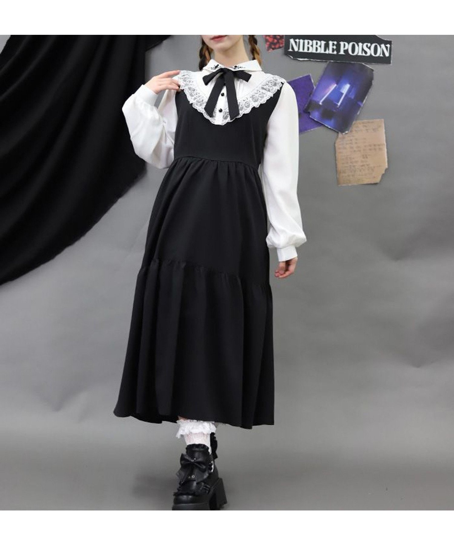 【アクシーズファム/axes femme】の猫刺繍ブロッキングワンピース インテリア・キッズ・メンズ・レディースファッション・服の通販 founy(ファウニー) 　ファッション　Fashion　レディースファッション　Fashion for Women　ワンピース　Dresses　おすすめ　Recommended / Our Picks　ソックス　Socks, Hosiery　フリル　Frill, Ruffle　ブロッキング　Color Blocking, Panel Design　リボン　Ribbon, Bow　レース　Lace, Lace Fabric　ロング　Long, Long-Length　猫　Cat, Kitty　黒|ID: prp329100004974260 ipo3291000000037293129