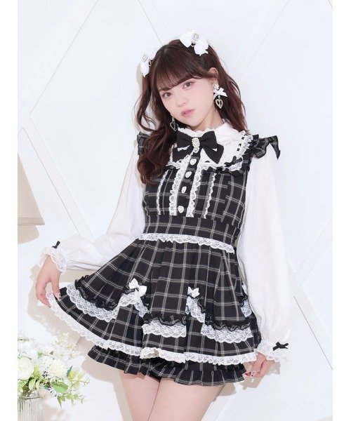 【ノエミ/NOEMIE】のキラキラビジューハシゴレースホイップフリルSETUP インテリア・キッズ・メンズ・レディースファッション・服の通販 founy(ファウニー) 　ファッション　Fashion　レディースファッション　Fashion for Women　セットアップ　Matching Sets　ガーリー　Girly, Feminine Style　シンプル　Simple, Minimal　セットアップ　Set-Up, Coordinated Outfit　チェック　Check, Plaid, Tartan　ビジュー　Bijou, Jewel-like Accent　ボトム　Bottoms, Lower Wear　リボン　Ribbon, Bow　レース　Lace, Lace Fabric　エレガント 上品　Elegant　黒|ID: prp329100004974299 ipo3291000000037293274