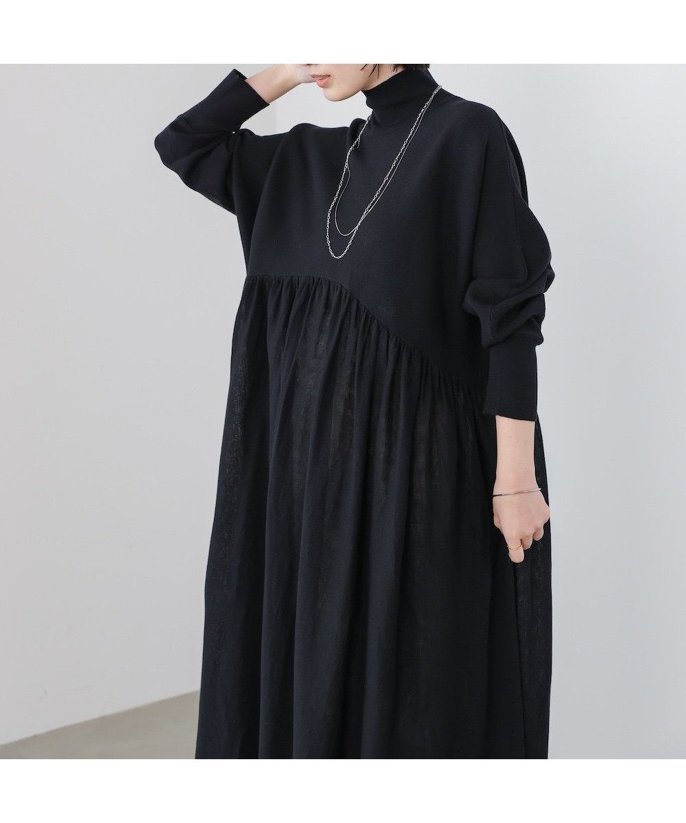 【バブ ブージュルード/Bab Bou Jeloud】のギャザーニットワンピース インテリア・キッズ・メンズ・レディースファッション・服の通販 founy(ファウニー) 　ファッション　Fashion　レディースファッション　Fashion for Women　ワンピース　Dresses　ニットワンピース　Knit Dresses　ギャザー　Gathered, Ruffled　シンプル　Simple, Minimal　ハイネック　High Neck, Mock Neck　ペチコート　Petticoat, Underskirt　再入荷　Restock / Back in Stock　BLACK|ID: prp329100004974473 ipo3291000000037293872