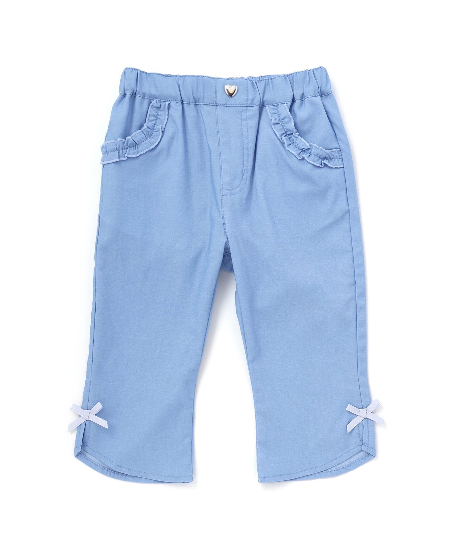 【ベベ オンライン ストア/BEBE ONLINE STORE / KIDS】の裾フレア7分丈ストレッチツイルパンツ(80~130cm) インテリア・キッズ・メンズ・レディースファッション・服の通販 founy(ファウニー) 　ファッション　Fashion　キッズファッション　Fashion for Kids　ボトムス　Bottoms　春　Spring　ガーリー　Girly, Feminine Style　コレクション　Collection, Seasonal Line　スリット　Slit, Slit Detail　バスケット　Basket, Basket Bag　フリル　Frill, Ruffle　フレア　Flare, Flared　フレンチ　French, French Style　ポケット　Pocket, Pocket Detail　リボン　Ribbon, Bow　S/S・春夏　SS, Spring/Summer, Warm Season　夏　Summer　エレガント 上品　Elegant　2026年　2026　2026春夏・S/S　Spring/Summer 2026 SS26　ブルー|ID: prp329100004974702 ipo3291000000037294977