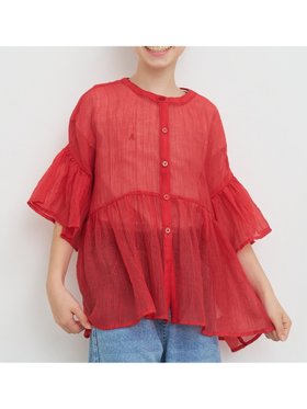 【コカ/coca / KIDS】の【親子お揃い】キッズ シアーフリルブラウス 大人の最旬トレンドファッション＆コーディネート founy(ファウニー) ファッション Fashion キッズファッション Fashion for Kids ガーリー Girly, Feminine Style ギャザー Gathered, Ruffled シアー Sheer, See-Through ショート Short, Short Length デニム Denim, Jeans Material フリル Frill, Ruffle ポケット Pocket, Pocket Detail 半袖 Short Sleeve, Half Sleeve |ID:prp329100004974738