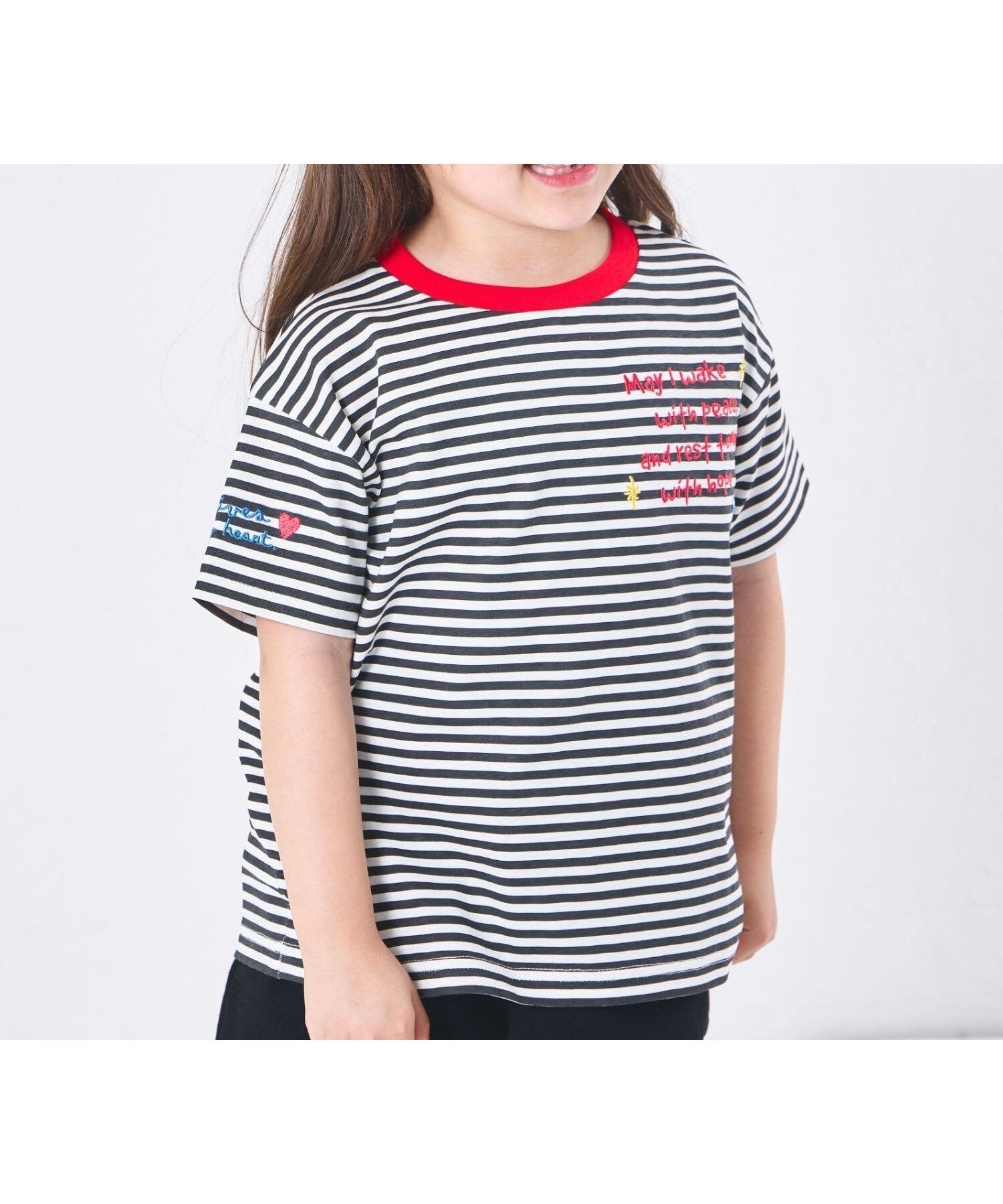 【ペアマノン/pairmanon / KIDS】の【綿100%】ガールズ ロゴ刺繍 ボーダー半袖Tシャツ インテリア・キッズ・メンズ・レディースファッション・服の通販 founy(ファウニー) 　ファッション　Fashion　キッズファッション　Fashion for Kids　おすすめ　Recommended / Our Picks　フロント　Front, Front Design　ボーダー　Border, Stripe　半袖　Short Sleeve, Half Sleeve　夏　Summer　ブラックボーダー09|ID: prp329100004974809 ipo3291000000037295369