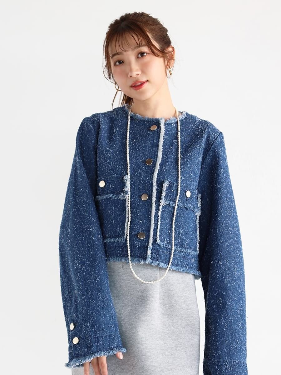 【ヴァン/Vin】のツイードフリンジノーカラーデニムジャケット インテリア・キッズ・メンズ・レディースファッション・服の通販 founy(ファウニー) 　ファッション　Fashion　レディースファッション　Fashion for Women　アウター　Coat / Outerwear Collection　レディースジャケット・軽アウター　Jackets　デニムジャケット / カジュアルアウター　Denim Jackets　インナー　Innerwear　ウォッシュ　Washed Finish　コンパクト　Compact, Small Size　ジャケット　Jacket, Outerwear　ツイード　Twill, Twill Weave　デニム　Denim, Jeans Material　ランダム　Random, Irregular　ブルー|ID: prp329100004975012 ipo3291000000037296118