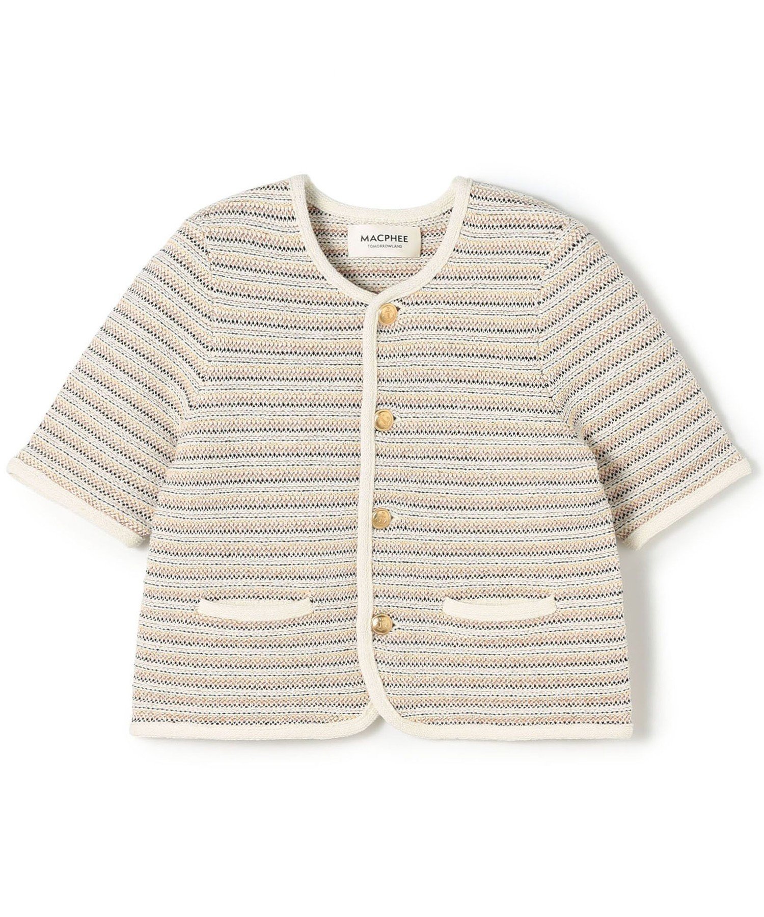 【トゥモローランド/TOMORROWLAND】のジャカードボーダー ハーフスリーブジャケット インテリア・キッズ・メンズ・レディースファッション・服の通販 founy(ファウニー) 　ファッション　Fashion　レディースファッション　Fashion for Women　アウター　Coat / Outerwear Collection　レディースジャケット・軽アウター　Jackets　コンパクト　Compact, Small Size　ジャカード／ジャガード　Jacquard, Woven Pattern　ジャケット　Jacket, Outerwear　ツイード　Twill, Twill Weave　パイピング　Piping, Trim Design　フロント　Front, Front Design　ボーダー　Border, Stripe　ポケット　Pocket, Pocket Detail　モダン　Modern, Contemporary　ロング　Long, Long-Length　42 ライトベージュ系|ID: prp329100004975110 ipo3291000000037296507