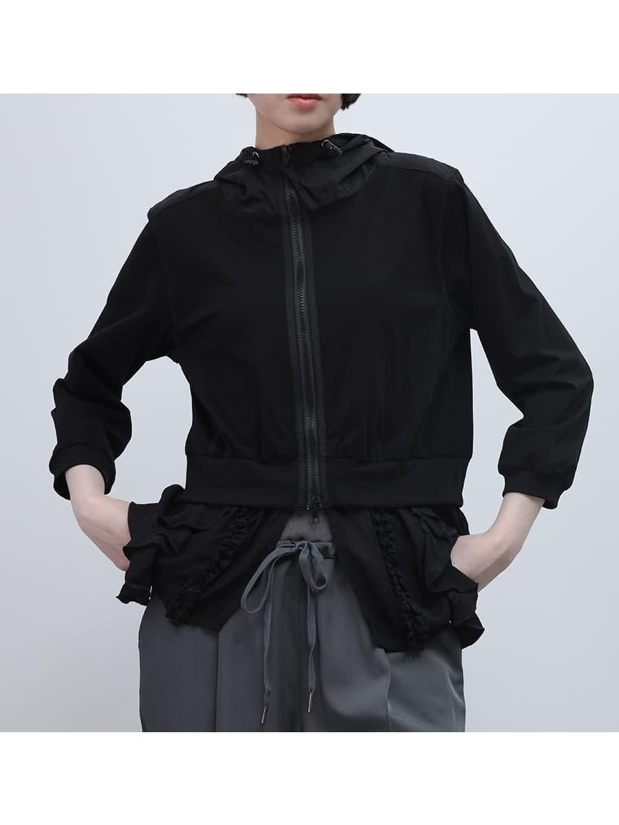 【ラシュッド/LASUD】のフリルヘムドッキングパーカー インテリア・キッズ・メンズ・レディースファッション・服の通販 founy(ファウニー) 　ファッション　Fashion　レディースファッション　Fashion for Women　トップス・カットソー　Cut & Sew Tops　レディースパーカー・カジュアルフーディー　Casual Hoodies & Sweatshirts　シフォン　Chiffon, Lightweight Fabric　ジップアップ　Zip-Up, Full Zip　チュール　Tulip, Tulip Motif　パーカー　Hoodie, Parka　フリル　Frill, Ruffle　フロント　Front, Front Design　ブラック|ID: prp329100004975151 ipo3291000000037296661