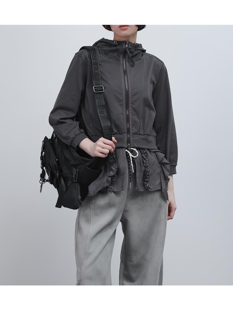 【ラシュッド/LASUD】のフリルヘムドッキングパーカー インテリア・キッズ・メンズ・レディースファッション・服の通販 founy(ファウニー) 　ファッション　Fashion　レディースファッション　Fashion for Women　トップス・カットソー　Cut & Sew Tops　レディースパーカー・カジュアルフーディー　Casual Hoodies & Sweatshirts　シフォン　Chiffon, Lightweight Fabric　ジップアップ　Zip-Up, Full Zip　チュール　Tulip, Tulip Motif　パーカー　Hoodie, Parka　フリル　Frill, Ruffle　フロント　Front, Front Design　チャコールグレー|ID: prp329100004975151 ipo3291000000037296663