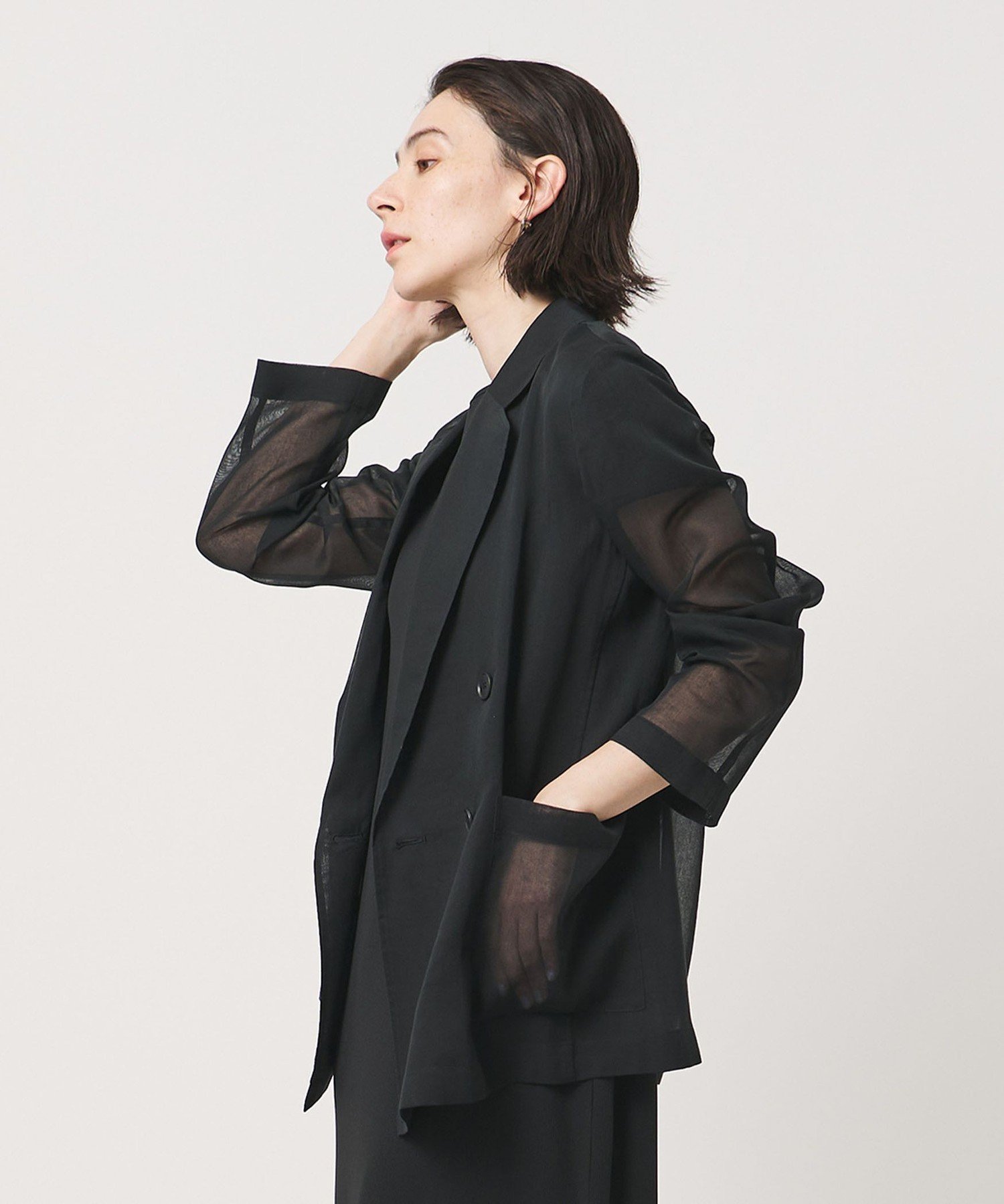 【ビューティ&ユース ユナイテッドアローズ/BEAUTY&YOUTH / UNITED ARROWS】のポリエステル シアー ダブルジャケット ウォッシャブル インテリア・キッズ・メンズ・レディースファッション・服の通販 founy(ファウニー) 　ファッション　Fashion　レディースファッション　Fashion for Women　アウター　Coat / Outerwear Collection　レディースジャケット・軽アウター　Jackets　インナー　Innerwear　ウォッシャブル　Machine Washable　カーディガン　Cardigan, Knitwear　サテン　Satin, Glossy Fabric　シアー　Sheer, See-Through　ジャケット　Jacket, Outerwear　ダブル　Double, Double-Breasted　パッチ　Patch, Appliqué　ボトム　Bottoms, Lower Wear　ポケット　Pocket, Pocket Detail　羽織　Haori, Light Jacket　おすすめ　Recommended / Our Picks　BLACK|ID: prp329100004975175 ipo3291000000037296745