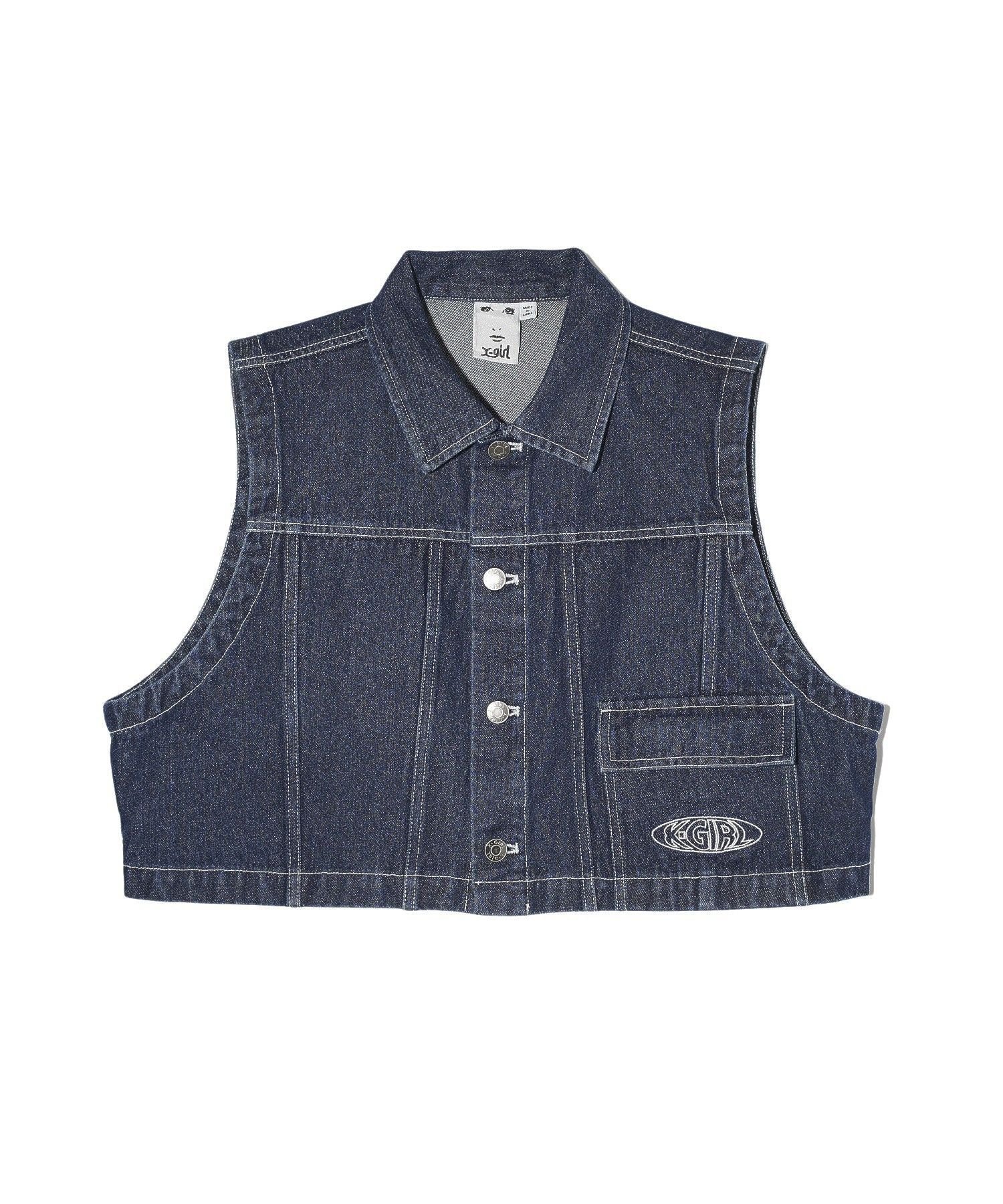 【エックスガール/X-girl】のSLEEVELESS CROPPED JACKET インテリア・キッズ・メンズ・レディースファッション・服の通販 founy(ファウニー) 　ファッション　Fashion　レディースファッション　Fashion for Women　アウター　Coat / Outerwear Collection　レディースジャケット・軽アウター　Jackets　クロップド　Cropped, Short Length　ショート　Short, Short Length　ジャケット　Jacket, Outerwear　セットアップ　Set-Up, Coordinated Outfit　デニム　Denim, Jeans Material　ビッグ　Big, Oversized　ベスト　Vest, Waistcoat　ベーシック　Basic, Essential　ワイド　Wide, Wide Fit　夏　Summer　INDIGO|ID: prp329100004975203 ipo3291000000037296845