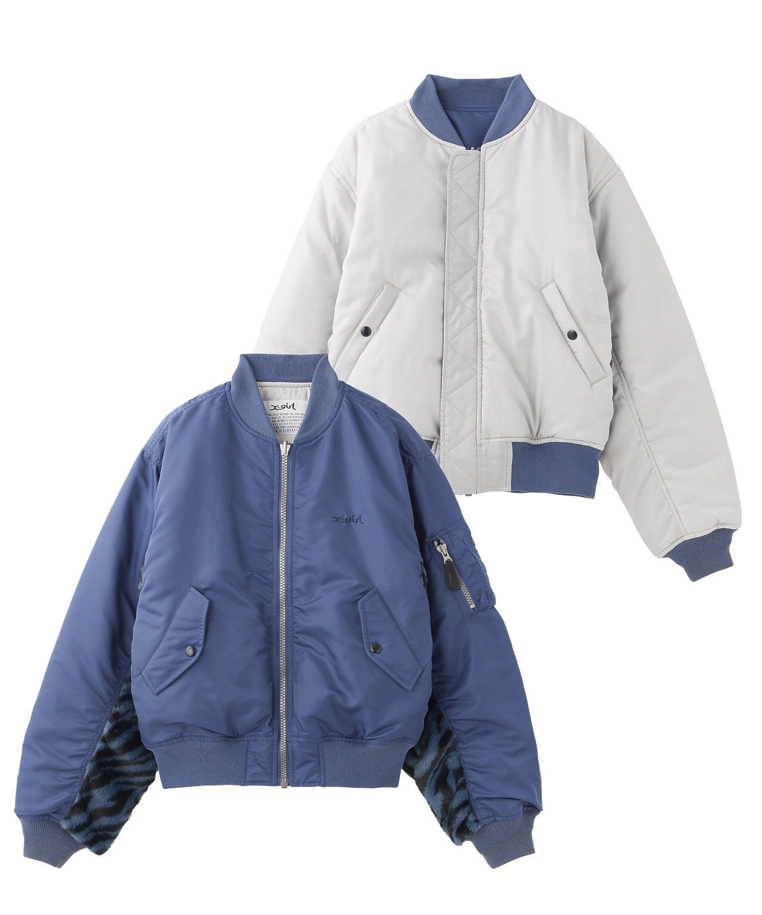 【エックスガール/X-girl】のPANELED FUR REVERSIBLE MA-1 JACKET インテリア・キッズ・メンズ・レディースファッション・服の通販 founy(ファウニー) 　ファッション　Fashion　レディースファッション　Fashion for Women　アウター　Coat / Outerwear Collection　レディースジャケット・軽アウター　Jackets　MA-1ジャケット　MA-1 Bomber Jackets / Flight Jackets　カットソー　Cut and Sewn Top　ガーリー　Girly, Feminine Style　コンパクト　Compact, Small Size　ジャケット　Jacket, Outerwear　スウェット / スエット　Sweatshirt, Sweatwear　デニム　Denim, Jeans Material　定番　Standard, Basic Item　バランス　Balance, Style Balance　ベーシック　Basic, Essential　ミニスカート　Mini Skirt, Short Skirt　リバーシブル　Reversible, Two-Sided　ワンポイント　One Point, Statement Accent　A/W・秋冬　Autumn/Winter　おすすめ　Recommended / Our Picks　旅行　Travel　NAVY|ID: prp329100004975207 ipo3291000000037296857