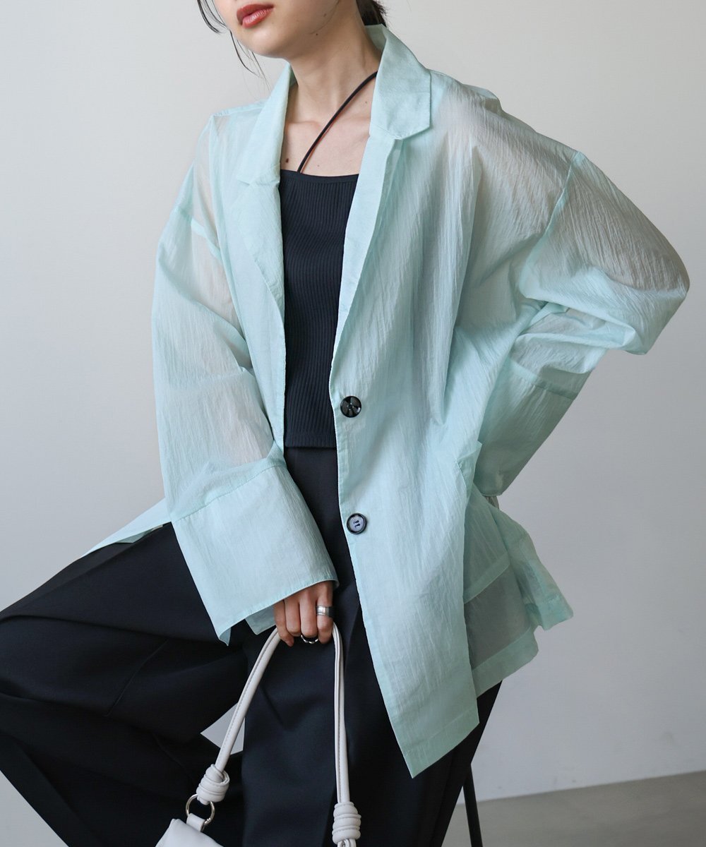 【バブ ブージュルード/Bab Bou Jeloud】のエアリーセミシアージャケット インテリア・キッズ・メンズ・レディースファッション・服の通販 founy(ファウニー) 　ファッション　Fashion　レディースファッション　Fashion for Women　アウター　Coat / Outerwear Collection　レディースジャケット・軽アウター　Jackets　キャミソール　Camisole, Spaghetti Strap Top　シアー　Sheer, See-Through　スマート　Smart, Elegant　スラックス　Slacks, Dress Pants　タンク　Tank Top, Sleeveless Top　ダウン　Down, Puffer　チェック　Check, Plaid, Tartan　デニム　Denim, Jeans Material　リラックス　Relax, Relaxed Fit　再入荷　Restock / Back in Stock　おすすめ　Recommended / Our Picks　夏　Summer　L.BLUE|ID: prp329100004975219 ipo3291000000037296896