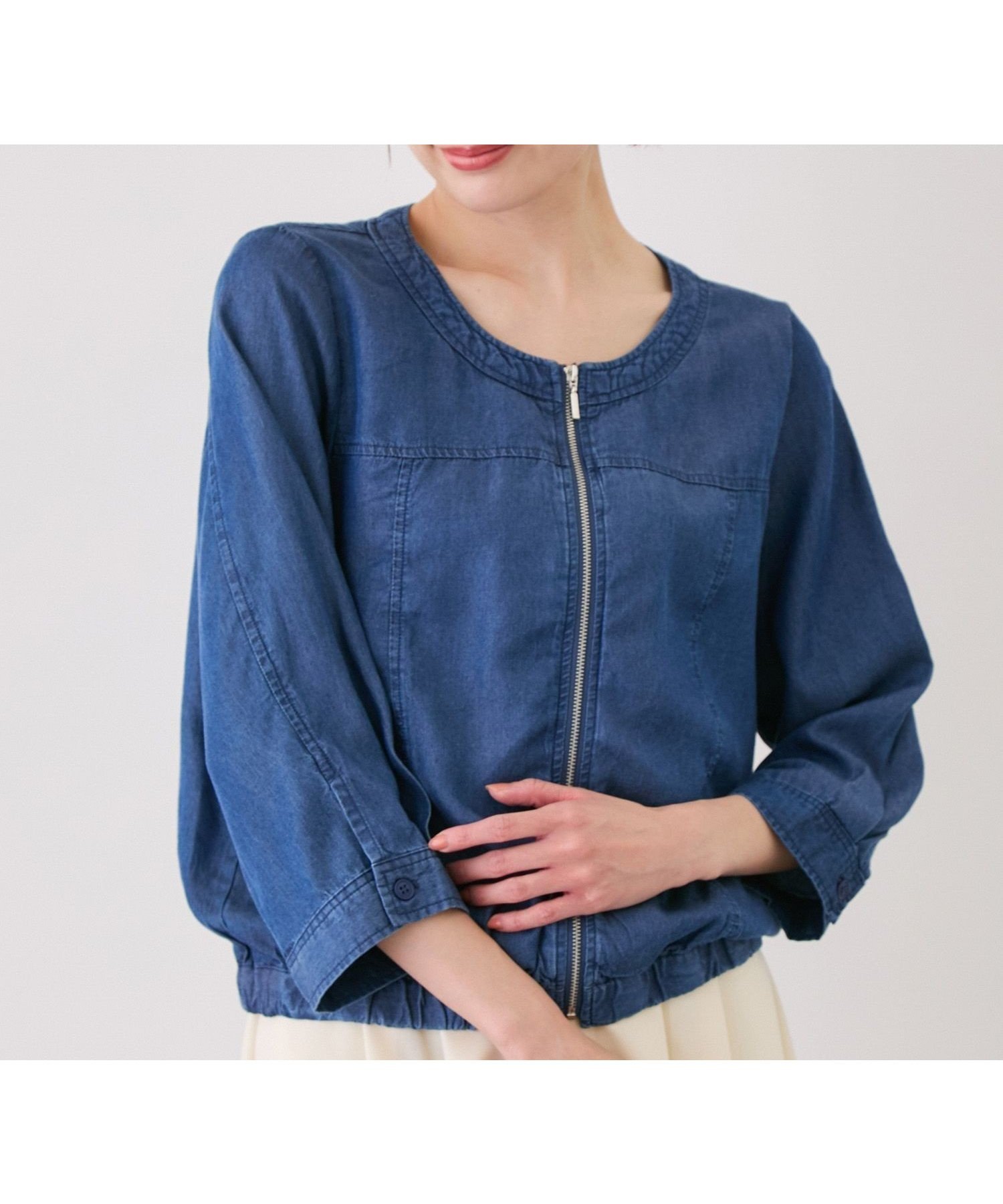 【ジャイロ/JAYRO】のノーカラーデニムライクブルゾン 大人の最旬トレンドファッション＆コーディネート founy(ファウニー) 　ファッション　Fashion　レディースファッション　Fashion for Women　アウター　Coat / Outerwear Collection　ブルゾンジャケット・スポーティアウター　Blouson Jackets　インナー　Innerwear　春　Spring　カットソー　Cut and Sewn Top　コンパクト　Compact, Small Size　吸水　Absorbent, Quick-Dry　デニム　Denim, Jeans Material　バランス　Balance, Style Balance　フレア　Flare, Flared　ブルゾン　Blouson, Bomber Jacket　ポケット　Pocket, Pocket Detail　ワイド　Wide, Wide Fit　S/S・春夏　SS, Spring/Summer, Warm Season　夏　Summer　 other-1|ID: prp329100004975221 ipo3291000000037296899