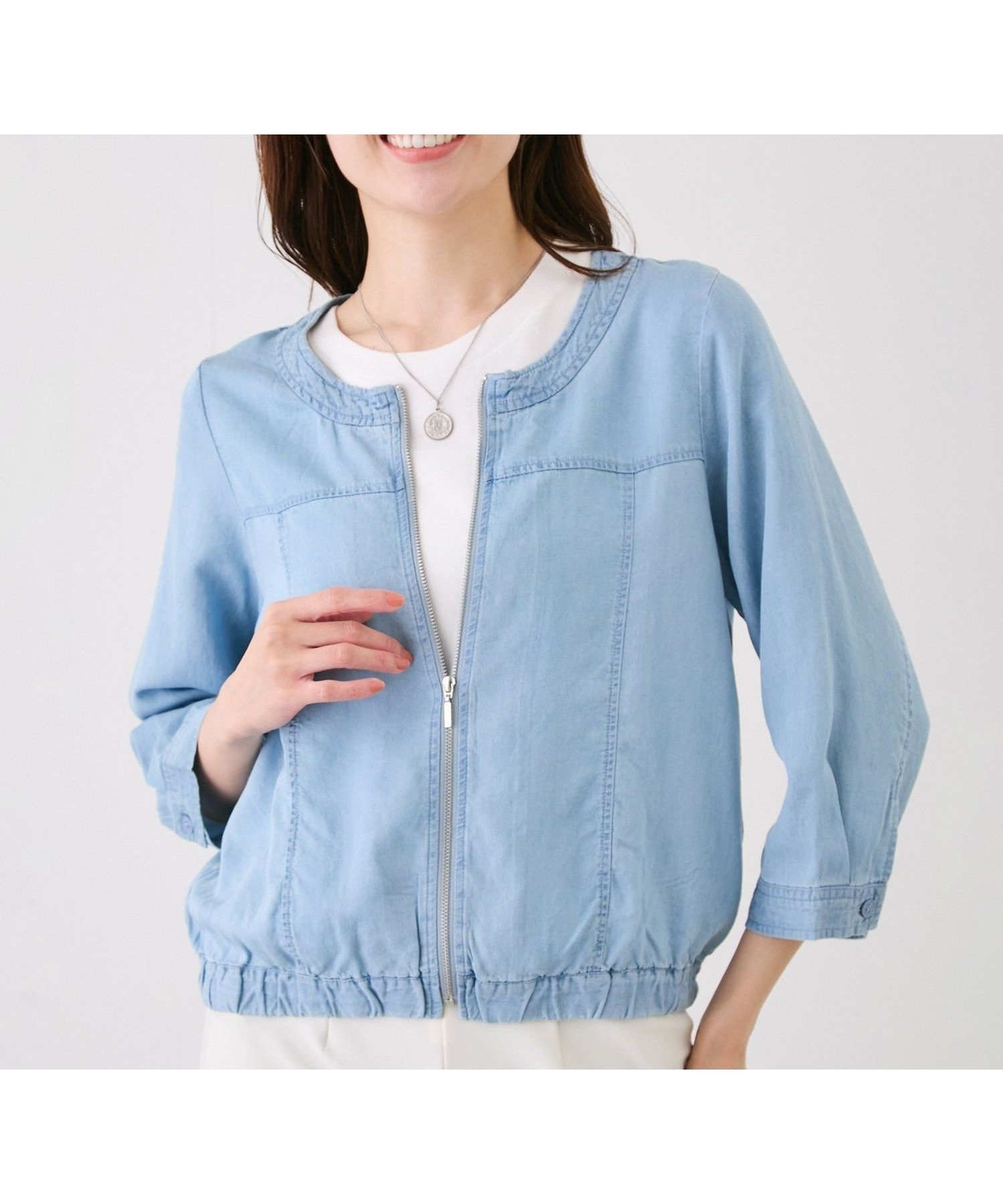 【ジャイロ/JAYRO】のノーカラーデニムライクブルゾン インテリア・キッズ・メンズ・レディースファッション・服の通販 founy(ファウニー) 　ファッション　Fashion　レディースファッション　Fashion for Women　アウター　Coat / Outerwear Collection　ブルゾンジャケット・スポーティアウター　Blouson Jackets　インナー　Innerwear　春　Spring　カットソー　Cut and Sewn Top　コンパクト　Compact, Small Size　吸水　Absorbent, Quick-Dry　デニム　Denim, Jeans Material　バランス　Balance, Style Balance　フレア　Flare, Flared　ブルゾン　Blouson, Bomber Jacket　ポケット　Pocket, Pocket Detail　ワイド　Wide, Wide Fit　S/S・春夏　SS, Spring/Summer, Warm Season　夏　Summer　サックス(48)|ID: prp329100004975221 ipo3291000000037296902