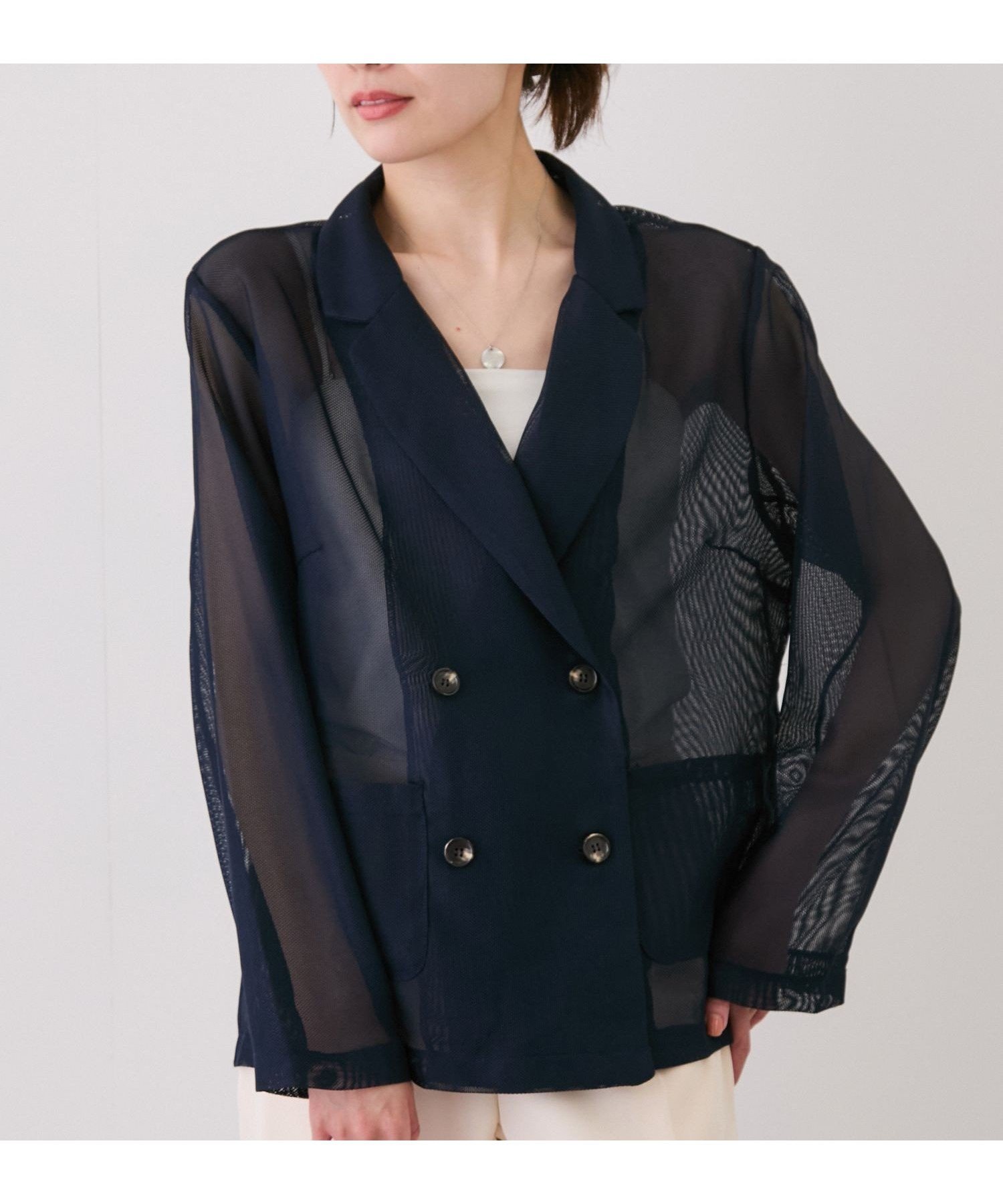 【ジャイロ/JAYRO】のシアーメッシュジャケット インテリア・キッズ・メンズ・レディースファッション・服の通販 founy(ファウニー) 　ファッション　Fashion　レディースファッション　Fashion for Women　アウター　Coat / Outerwear Collection　レディースジャケット・軽アウター　Jackets　春　Spring　軽量　Lightweight, Ultra Light　シンプル　Simple, Minimal　ジャケット　Jacket, Outerwear　スラックス　Slacks, Dress Pants　タンク　Tank Top, Sleeveless Top　ダブル　Double, Double-Breasted　デニム　Denim, Jeans Material　ポケット　Pocket, Pocket Detail　メッシュ　Mesh, Net Fabric　ワイド　Wide, Wide Fit　S/S・春夏　SS, Spring/Summer, Warm Season　おすすめ　Recommended / Our Picks　夏　Summer　ネイビー(40)|ID: prp329100004975223 ipo3291000000037296910