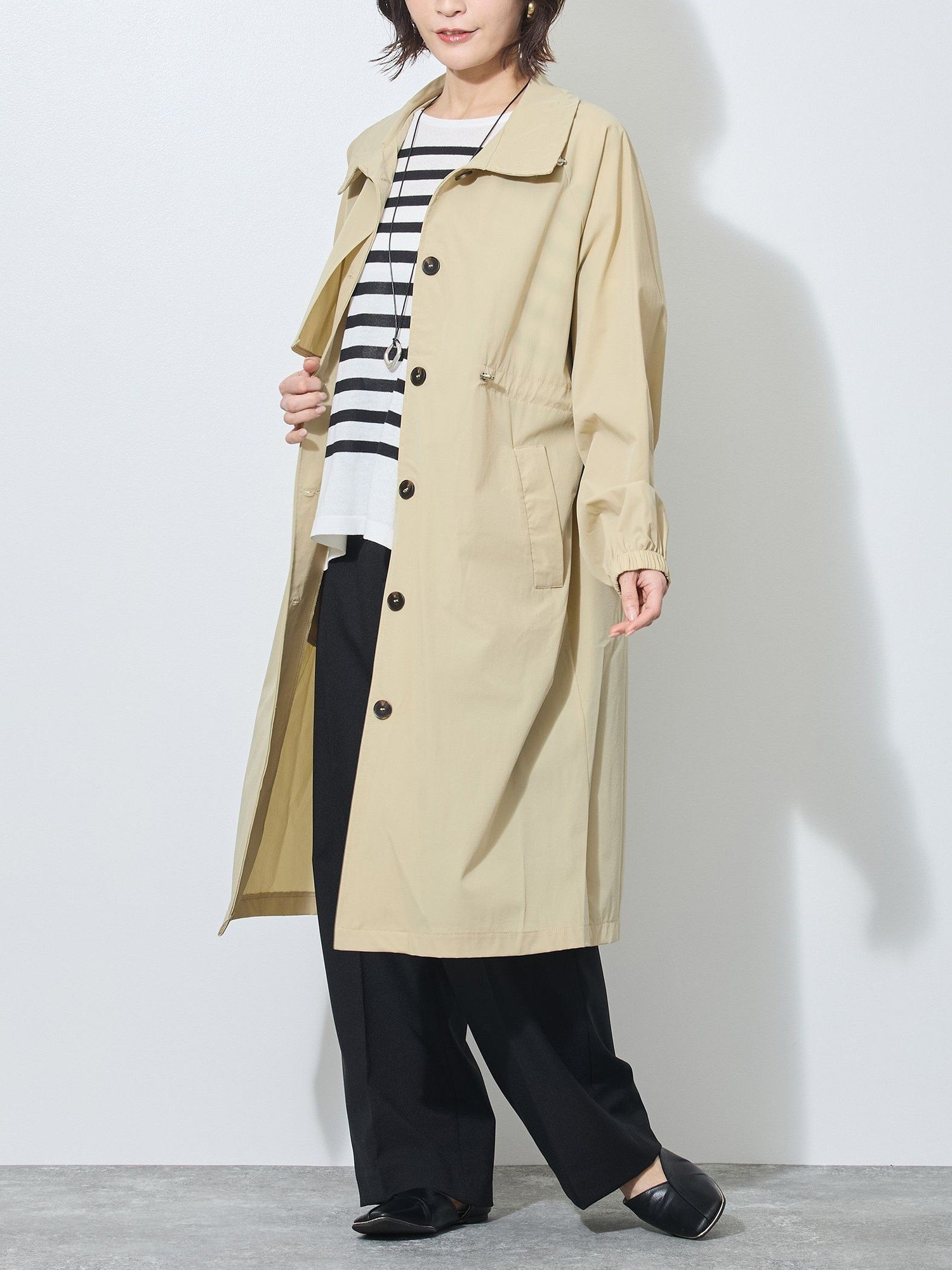 【ニコル クラブ/NICOLE CLUB】の衿端スピンドル入り一重コート インテリア・キッズ・メンズ・レディースファッション・服の通販 founy(ファウニー) 　ファッション　Fashion　レディースファッション　Fashion for Women　アウター　Coat / Outerwear Collection　コート・ロングコート・ピーコート　Long Coats, Peacoats & More　軽量　Lightweight, Ultra Light　シンプル　Simple, Minimal　ストレッチ　Stretch, Stretchy Fabric　スピンドル　Spindle, Drawcord　スマート　Smart, Elegant　ベーシック　Basic, Essential　18ベージュ|ID: prp329100004975240 ipo3291000000037296974