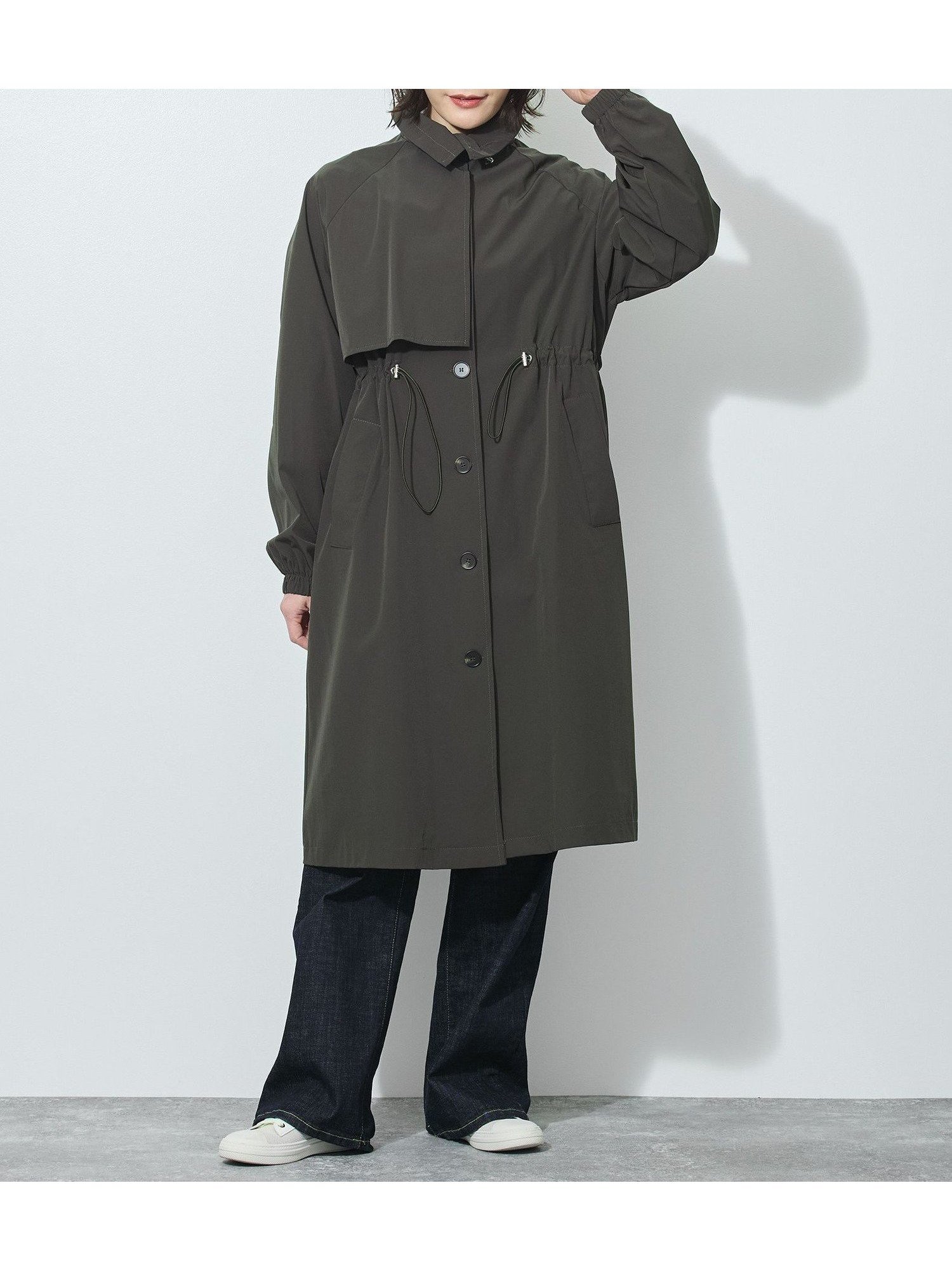 【ニコル クラブ/NICOLE CLUB】の衿端スピンドル入り一重コート インテリア・キッズ・メンズ・レディースファッション・服の通販 founy(ファウニー) 　ファッション　Fashion　レディースファッション　Fashion for Women　アウター　Coat / Outerwear Collection　コート・ロングコート・ピーコート　Long Coats, Peacoats & More　軽量　Lightweight, Ultra Light　シンプル　Simple, Minimal　ストレッチ　Stretch, Stretchy Fabric　スピンドル　Spindle, Drawcord　スマート　Smart, Elegant　ベーシック　Basic, Essential　46カーキ|ID: prp329100004975240 ipo3291000000037296975
