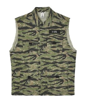 【エックスガール/X-girl】のMILITARY SLEEVELESS SHIRT 大人の最旬トレンドファッション＆コーディネート founy(ファウニー) ファッション Fashion レディースファッション Fashion for Women トップス・カットソー Cut & Sew Tops シャツ・ブラウス・オフィスカジュアル Elegant Blouses & Button-Ups カットオフ Cut-Off Design ビッグ Big, Oversized ベスト Vest, Waistcoat ポケット Pocket, Pocket Detail ミリタリー Military, Army Style 無地 Plain, Solid Color リップ Lip, Lip Motif |ID:prp329100004975269