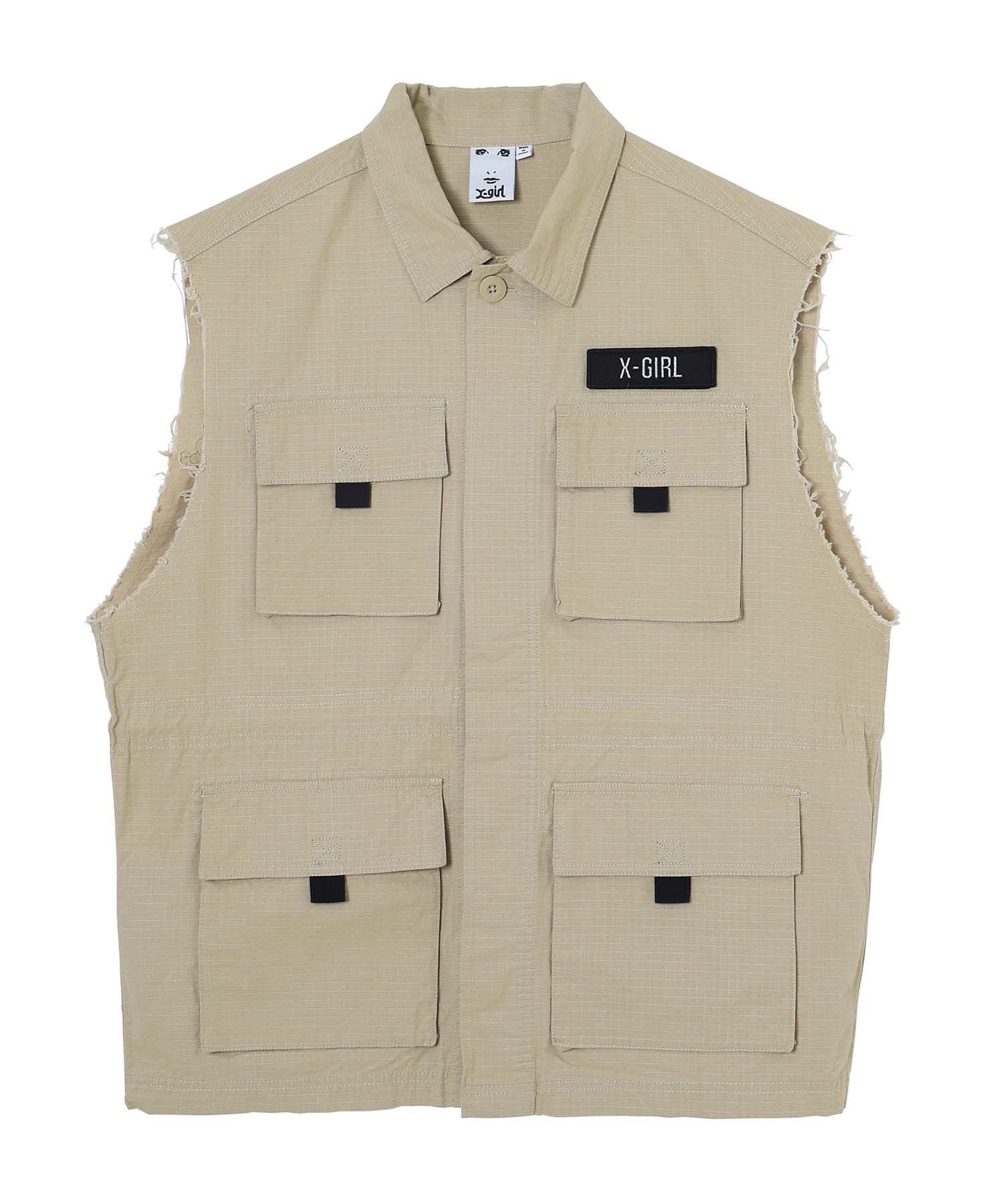 【エックスガール/X-girl】のMILITARY SLEEVELESS SHIRT インテリア・キッズ・メンズ・レディースファッション・服の通販 founy(ファウニー) 　ファッション　Fashion　レディースファッション　Fashion for Women　トップス・カットソー　Cut & Sew Tops　シャツ・ブラウス・オフィスカジュアル　Elegant Blouses & Button-Ups　カットオフ　Cut-Off Design　ビッグ　Big, Oversized　ベスト　Vest, Waistcoat　ポケット　Pocket, Pocket Detail　ミリタリー　Military, Army Style　無地　Plain, Solid Color　リップ　Lip, Lip Motif　BEIGE|ID: prp329100004975269 ipo3291000000037297079