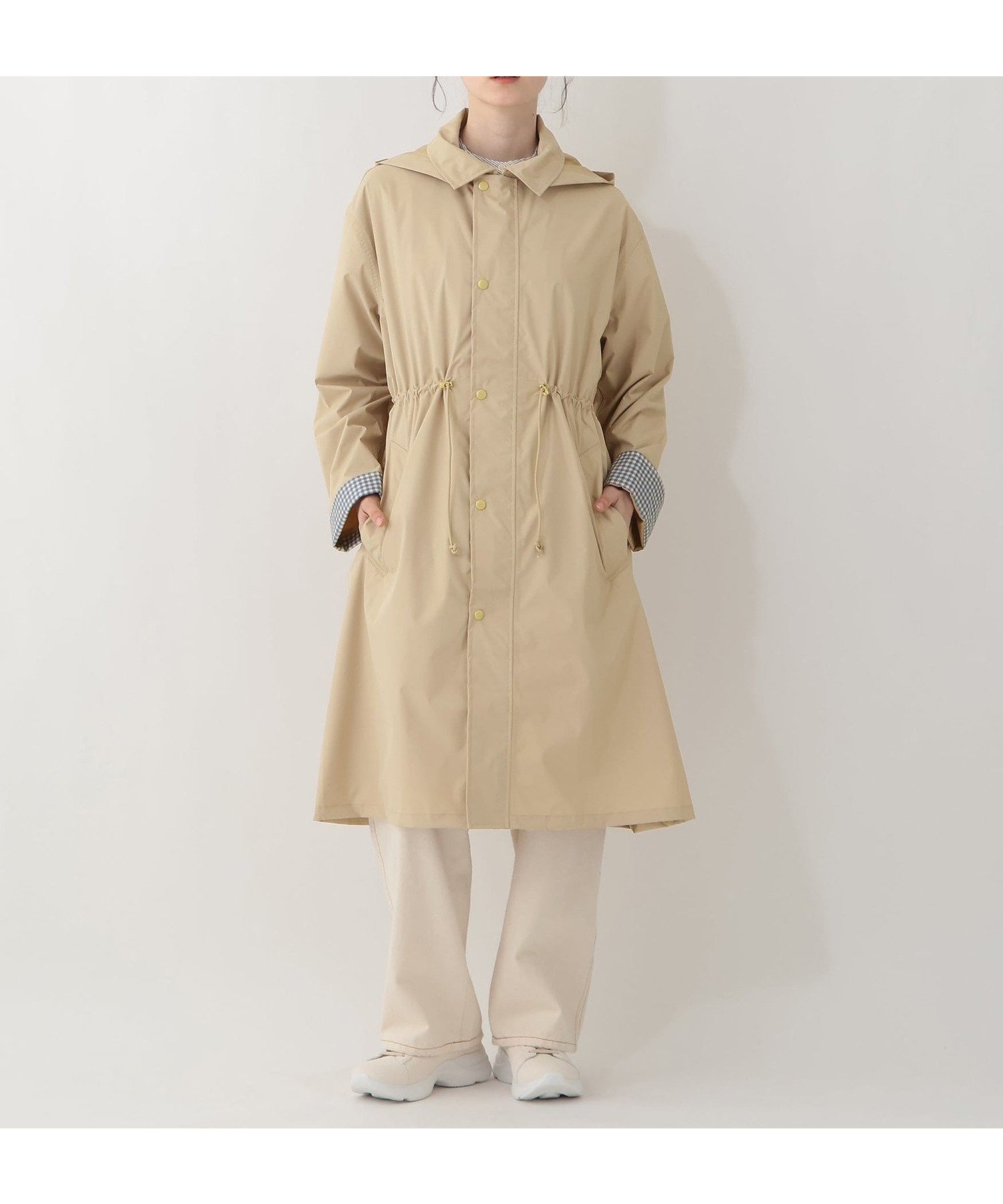 【アフタヌーンティー リビング/Afternoon Tea LIVING】のステンカラーレインコート インテリア・キッズ・メンズ・レディースファッション・服の通販 founy(ファウニー) 　ファッション　Fashion　レディースファッション　Fashion for Women　アウター　Coat / Outerwear Collection　コート・ロングコート・ピーコート　Long Coats, Peacoats & More　シンプル　Simple, Minimal　チェック　Check, Plaid, Tartan　ドローコード　Drawcord, Drawstring Cord　プリント　Print, Printed Pattern　エレガント 上品　Elegant　ベージュ|ID: prp329100004975274 ipo3291000000037297093