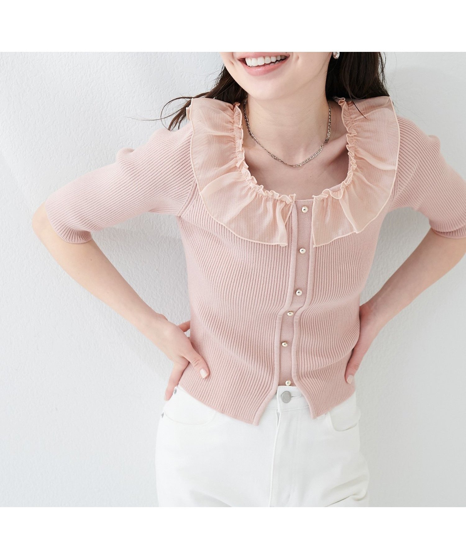 【ナチュラルクチュール/natural couture】の異素材フリル半袖ニット インテリア・キッズ・メンズ・レディースファッション・服の通販 founy(ファウニー) 　ファッション　Fashion　レディースファッション　Fashion for Women　トップス・カットソー　Cut & Sew Tops　ニット　Knit Tops & Sweaters　インナー　Innerwear　春　Spring　カーディガン　Cardigan, Knitwear　コンパクト　Compact, Small Size　シンプル　Simple, Minimal　ジャケット　Jacket, Outerwear　デニム　Denim, Jeans Material　バランス　Balance, Style Balance　フェミニン　Feminine, Girly　フリル　Frill, Ruffle　フレア　Flare, Flared　フロント　Front, Front Design　半袖　Short Sleeve, Half Sleeve　ロング　Long, Long-Length　S/S・春夏　SS, Spring/Summer, Warm Season　再入荷　Restock / Back in Stock　夏　Summer　エレガント 上品　Elegant　2026年　2026　2026春夏・S/S　Spring/Summer 2026 SS26　ピンク|ID: prp329100004975294 ipo3291000000037297223