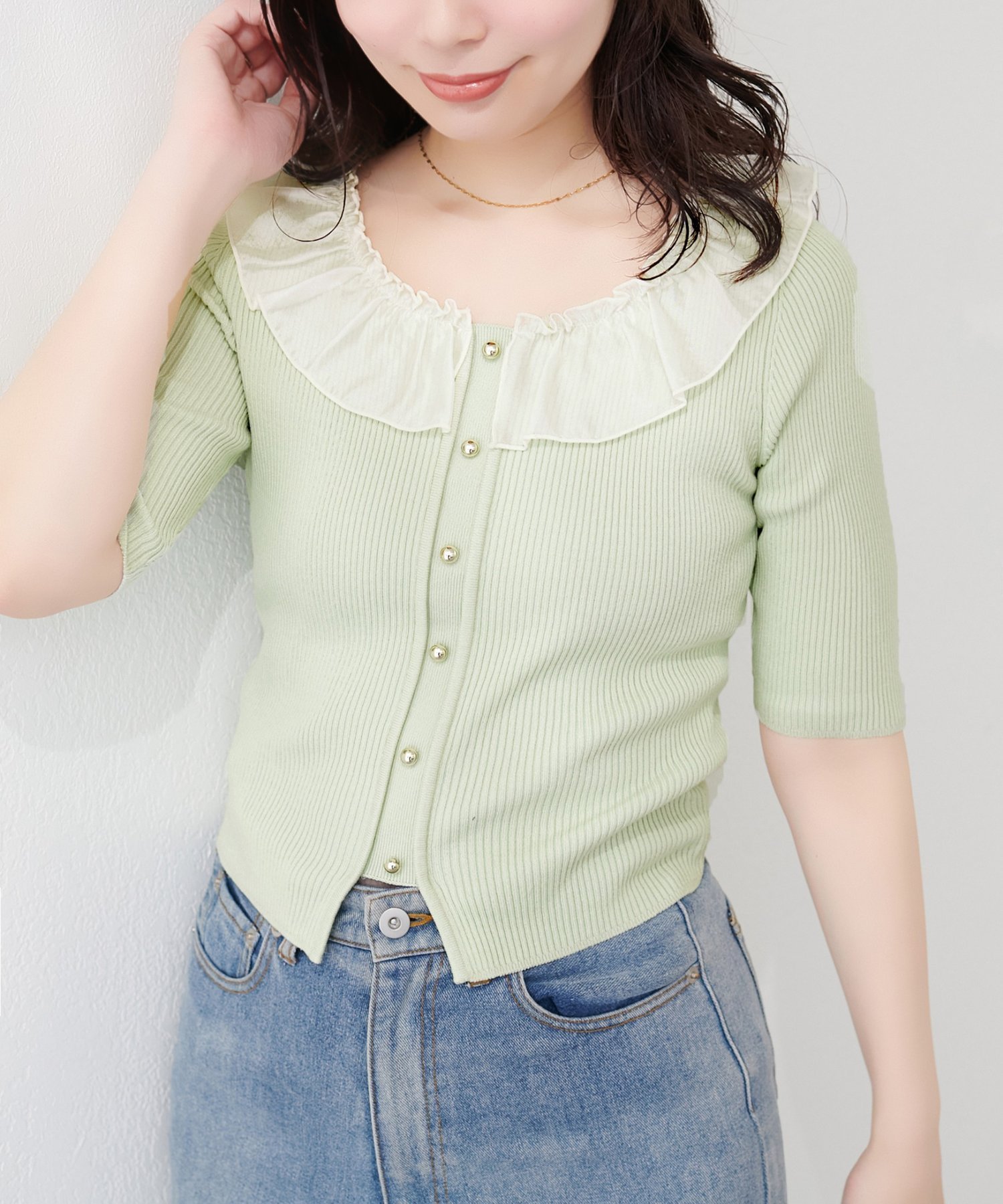 【ナチュラルクチュール/natural couture】の異素材フリル半袖ニット インテリア・キッズ・メンズ・レディースファッション・服の通販 founy(ファウニー) 　ファッション　Fashion　レディースファッション　Fashion for Women　トップス・カットソー　Cut & Sew Tops　ニット　Knit Tops & Sweaters　インナー　Innerwear　春　Spring　カーディガン　Cardigan, Knitwear　コンパクト　Compact, Small Size　シンプル　Simple, Minimal　ジャケット　Jacket, Outerwear　デニム　Denim, Jeans Material　バランス　Balance, Style Balance　フェミニン　Feminine, Girly　フリル　Frill, Ruffle　フレア　Flare, Flared　フロント　Front, Front Design　半袖　Short Sleeve, Half Sleeve　ロング　Long, Long-Length　S/S・春夏　SS, Spring/Summer, Warm Season　再入荷　Restock / Back in Stock　夏　Summer　エレガント 上品　Elegant　2026年　2026　2026春夏・S/S　Spring/Summer 2026 SS26　ミント|ID: prp329100004975294 ipo3291000000037297227