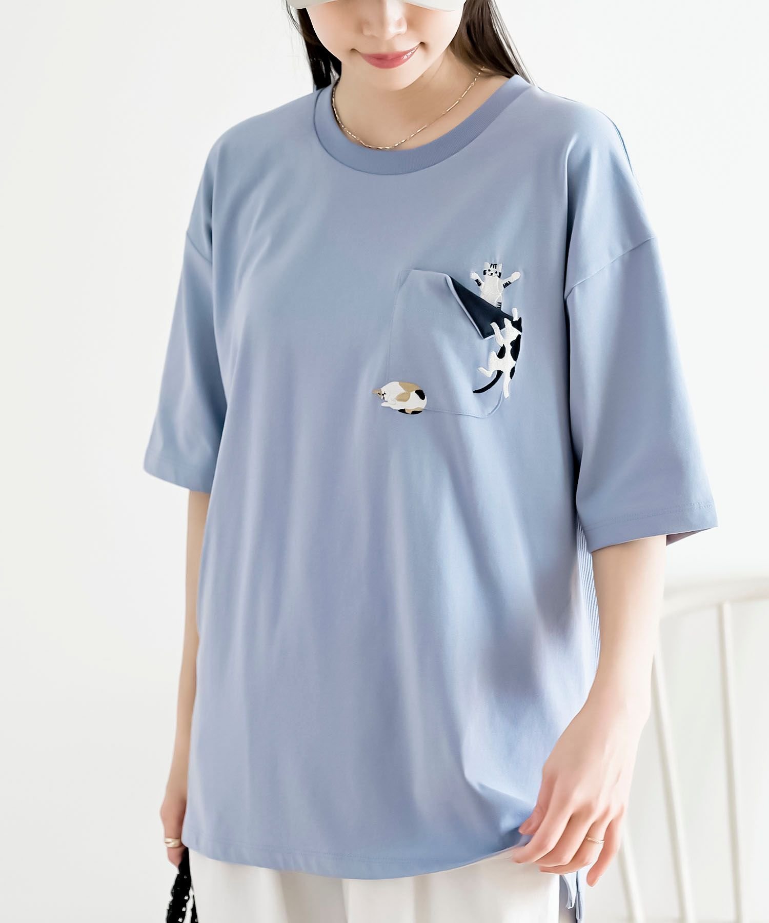 【アールピーエス/rps】のポケットキャットワッフル切替T インテリア・キッズ・メンズ・レディースファッション・服の通販 founy(ファウニー) 　ファッション　Fashion　レディースファッション　Fashion for Women　カットソー　Cut and Sewn Top　パターン　Pattern, Design Print　フロント　Front, Front Design　ポケット　Pocket, Pocket Detail　ワッフル　Waffle, Waffle Knit　再入荷　Restock / Back in Stock　切替　Switching, Contrast Panel　猫　Cat, Kitty　ブルー|ID: prp329100004975348 ipo3291000000037297555