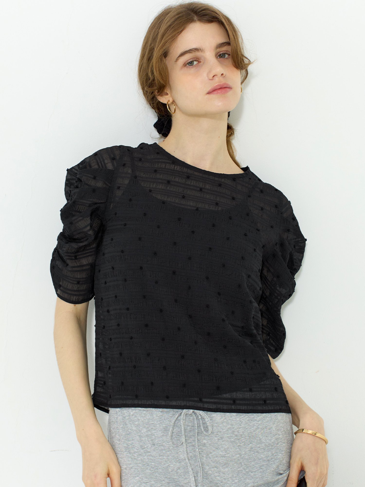 【コカ/COCA】のシアードット袖シャーリングトップス インテリア・キッズ・メンズ・レディースファッション・服の通販 founy(ファウニー) 　ファッション　Fashion　レディースファッション　Fashion for Women　トップス・カットソー　Cut & Sew Tops　Black|ID: prp329100004975377 ipo3291000000037297667