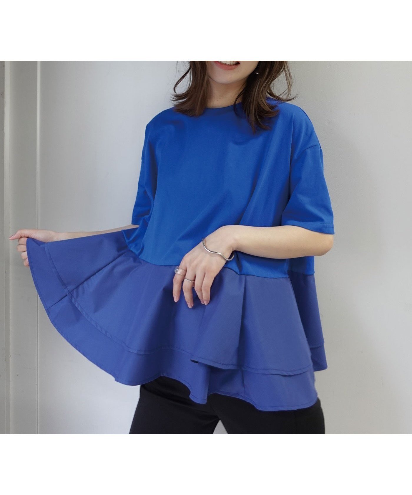 【コーナーズ/CORNERS】の【機能素材】ペプラムフレアTシャツ【接触冷感】【UV加工】【吸水速乾】 インテリア・キッズ・メンズ・レディースファッション・服の通販 founy(ファウニー) 　ファッション　Fashion　レディースファッション　Fashion for Women　トップス・カットソー　Cut & Sew Tops　シャツ・ブラウス・オフィスカジュアル　Elegant Blouses & Button-Ups　ロングTシャツ・Tシャツ　Longline T-Shirts & Tees　フレア　Flare, Flared　ペプラム　Peplum, Flared Hem　吸水　Absorbent, Quick-Dry　ブルー|ID: prp329100004975385 ipo3291000000037297693