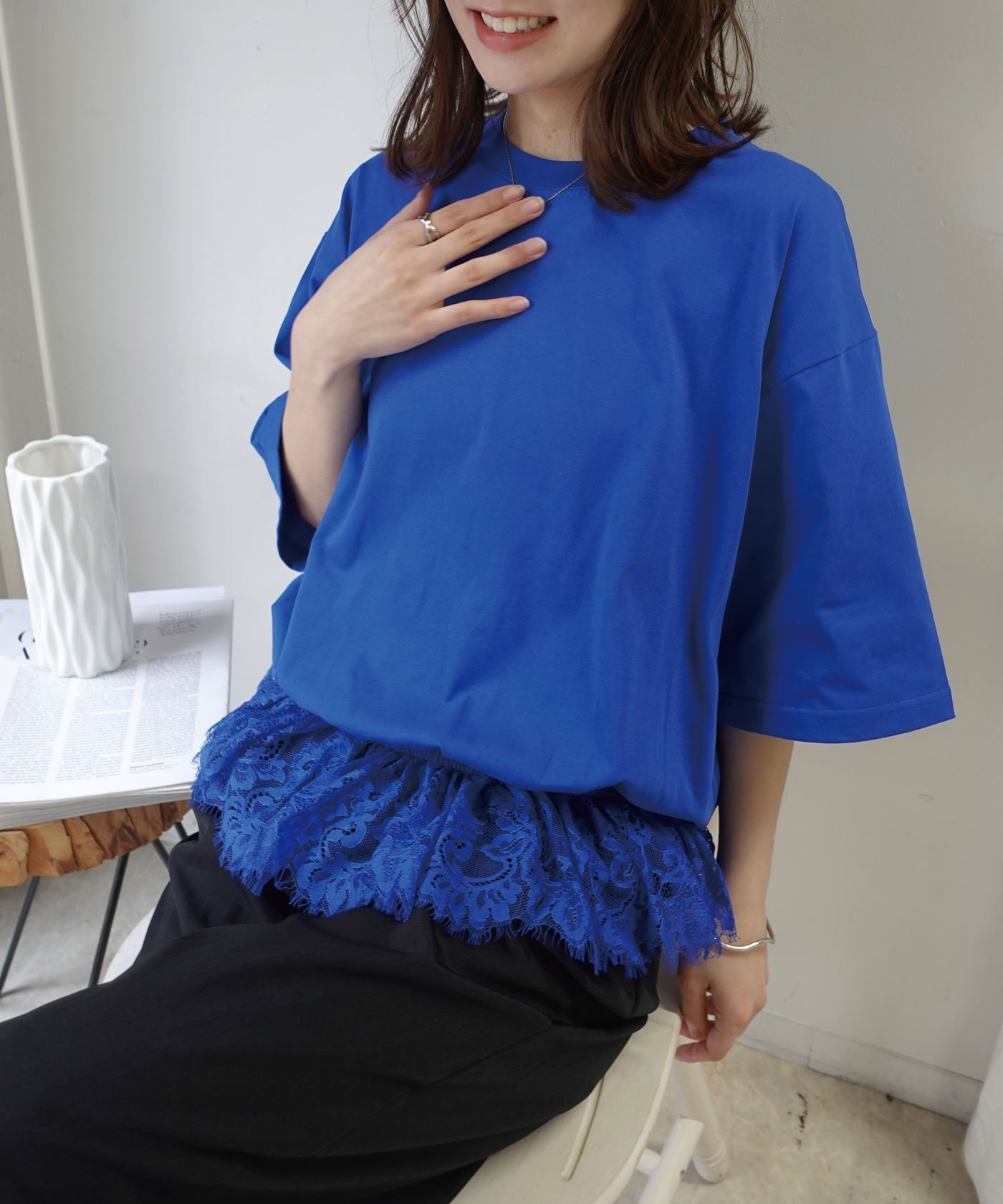 【コーナーズ/CORNERS】の【機能素材】裾レースTシャツ【接触冷感】【UV加工】【吸水速乾】 インテリア・キッズ・メンズ・レディースファッション・服の通販 founy(ファウニー) 　ファッション　Fashion　レディースファッション　Fashion for Women　トップス・カットソー　Cut & Sew Tops　シャツ・ブラウス・オフィスカジュアル　Elegant Blouses & Button-Ups　ロングTシャツ・Tシャツ　Longline T-Shirts & Tees　吸水　Absorbent, Quick-Dry　レース　Lace, Lace Fabric　エレガント 上品　Elegant　ブルー|ID: prp329100004975386 ipo3291000000037297698