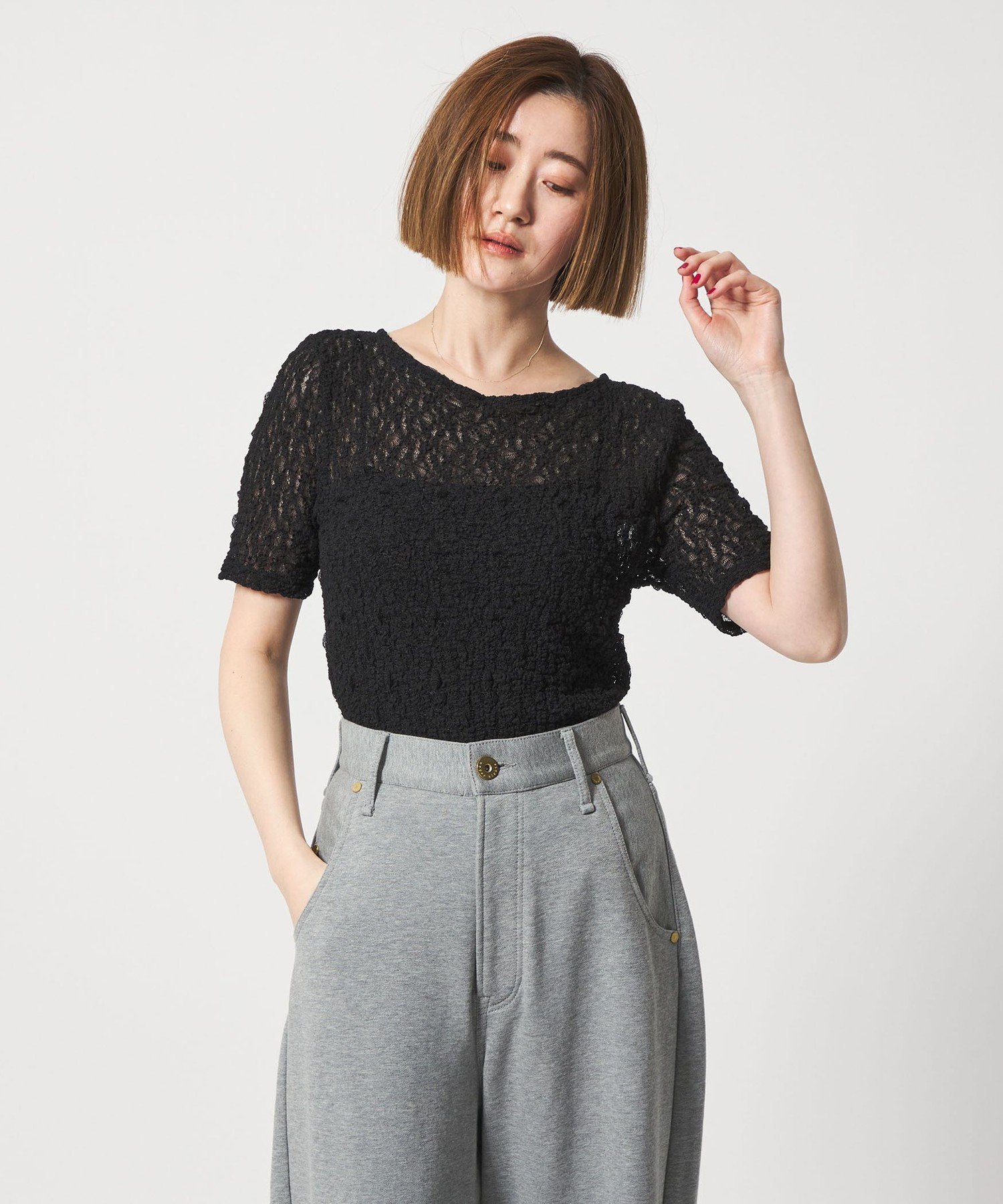 【ユナイテッドアローズ/UNITED ARROWS】のconte リンクルシャーリング レースTシャツ インテリア・キッズ・メンズ・レディースファッション・服の通販 founy(ファウニー) 　ファッション　Fashion　レディースファッション　Fashion for Women　トップス・カットソー　Cut & Sew Tops　シャツ・ブラウス・オフィスカジュアル　Elegant Blouses & Button-Ups　ロングTシャツ・Tシャツ　Longline T-Shirts & Tees　インナー　Innerwear　シアー　Sheer, See-Through　ジャケット　Jacket, Outerwear　フェミニン　Feminine, Girly　レース　Lace, Lace Fabric　BLACK|ID: prp329100004975389 ipo3291000000037297710