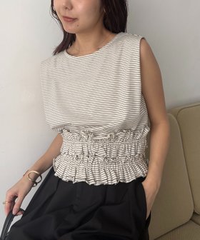 【カプリシューレマージュ/CAPRICIEUX LEMAGE】の【肩回りカバー/前後2WAY】ボーダー裾ギャザーT 大人の最旬トレンドファッション＆コーディネート founy(ファウニー) ファッション Fashion レディースファッション Fashion for Women ギャザー Gathered, Ruffled スラックス Slacks, Dress Pants ノースリーブ Sleeveless, No-Sleeve バイアス Bias, Diagonal Cut フレア Flare, Flared ボーダー Border, Stripe ルーズ Loose, Oversized |ID:prp329100004975494