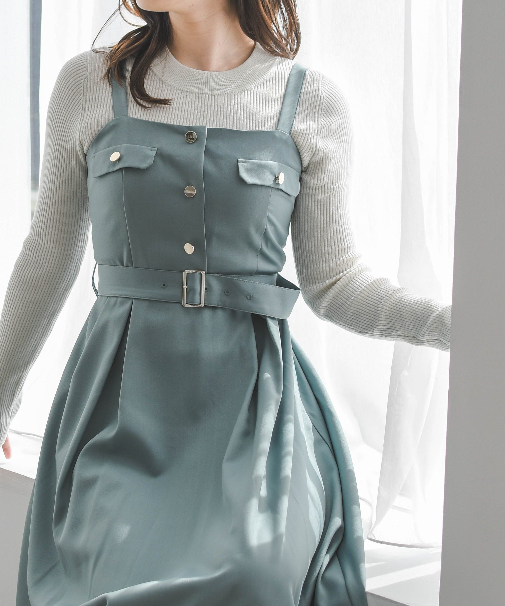 【ミッシュマッシュ/MISCH MASCH】のフラップ付きジャンスカ MM617401 インテリア・キッズ・メンズ・レディースファッション・服の通販 founy(ファウニー) 　ファッション　Fashion　レディースファッション　Fashion for Women　インナー　Innerwear　カットソー　Cut and Sewn Top　シンプル　Simple, Minimal　フェミニン　Feminine, Girly　フラップ　Flap, Flap Pocket　フロント　Front, Front Design　ポケット　Pocket, Pocket Detail　リブニット　Rib Knit, Ribbed Knit　ロング　Long, Long-Length　エレガント 上品　Elegant　グリーン|ID: prp329100004975545 ipo3291000000037298433