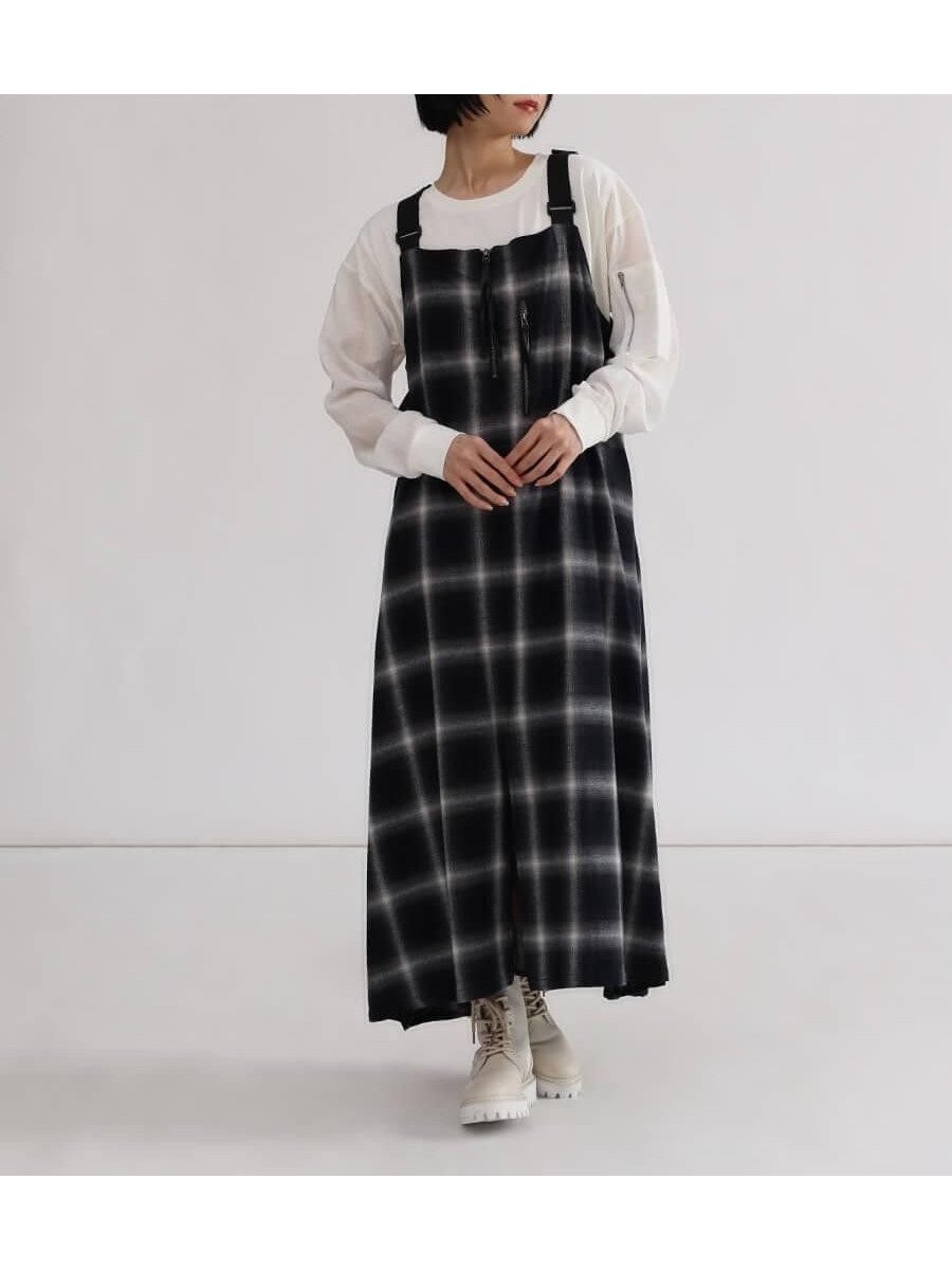 【ラシュッド/LASUD】のオンブレチェック×シアーレイヤードジャンパースカート インテリア・キッズ・メンズ・レディースファッション・服の通販 founy(ファウニー) 　ファッション　Fashion　レディースファッション　Fashion for Women　スカート　Skirts　インナー　Innerwear　カットソー　Cut and Sewn Top　シアー　Sheer, See-Through　スリット　Slit, Slit Detail　チュール　Tulip, Tulip Motif　トレーナー　Sweatshirt, Trainer　バランス　Balance, Style Balance　フェイクレザー　Faux Leather, PU Leather　フロント　Front, Front Design　ラップ　Wrap, Wrap Design　ロング　Long, Long-Length　ブラック|ID: prp329100004975576 ipo3291000000037298566