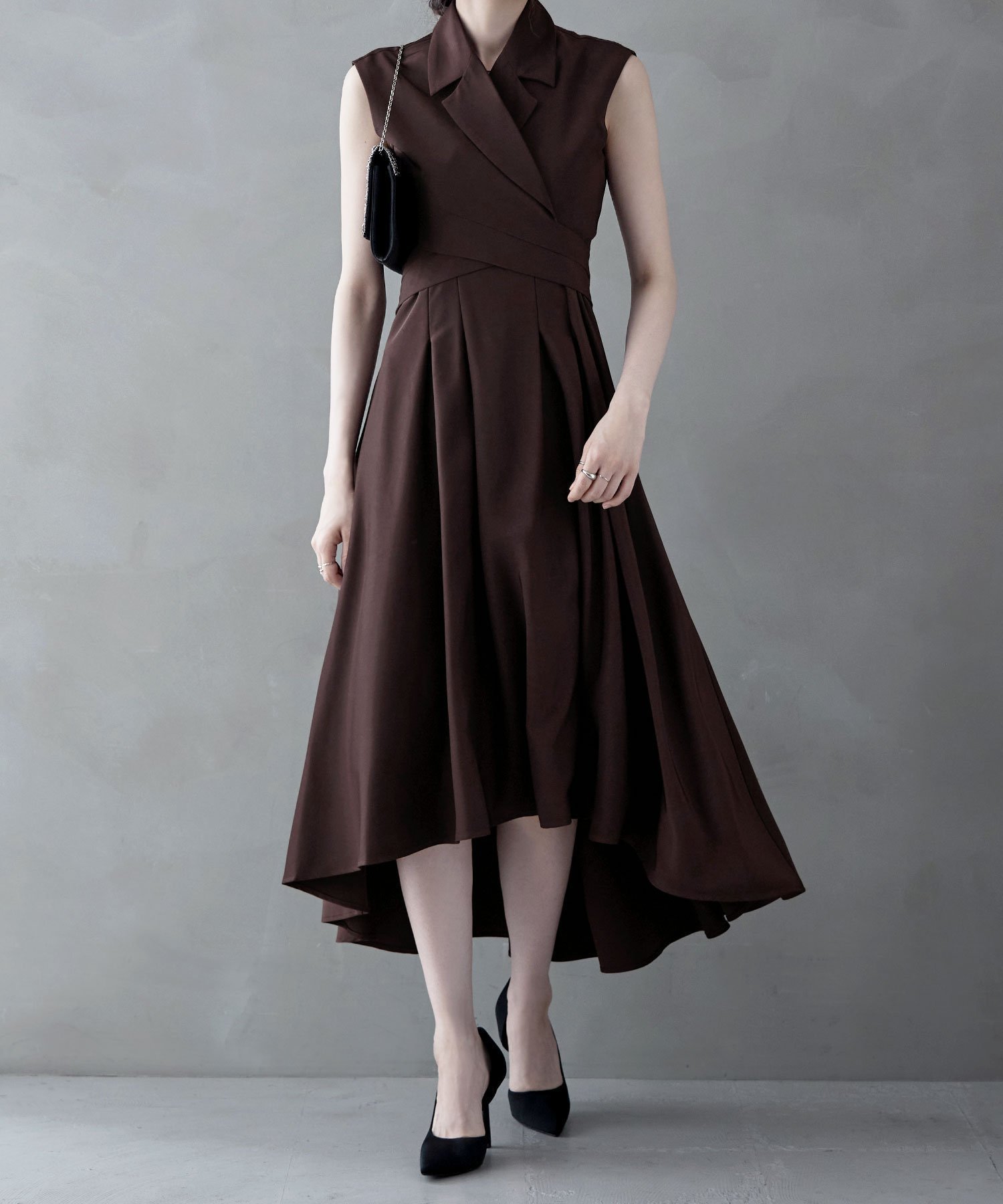 【ビーフラット/bflat】のMany wayジャケットライクスリーブレスドレス インテリア・キッズ・メンズ・レディースファッション・服の通販 founy(ファウニー) 　ファッション　Fashion　レディースファッション　Fashion for Women　アウター　Coat / Outerwear Collection　レディースジャケット・軽アウター　Jackets　ワンピース　Dresses　フォーマル・パーティードレス・結婚式用ドレス　Elegant & Casual Dresses　インナー　Innerwear　ギャザー　Gathered, Ruffled　ショート　Short, Short Length　シンプル　Simple, Minimal　ジャケット　Jacket, Outerwear　テーラード　Tailored, Tailored Fit　フラット　Flat, Flat Shoes　フレア　Flare, Flared　ヘムライン　Hemline, Bottom Cut　ポケット　Pocket, Pocket Detail　リボン　Ribbon, Bow　結婚式　Wedding　ブラウン|ID: prp329100004975609 ipo3291000000037298664