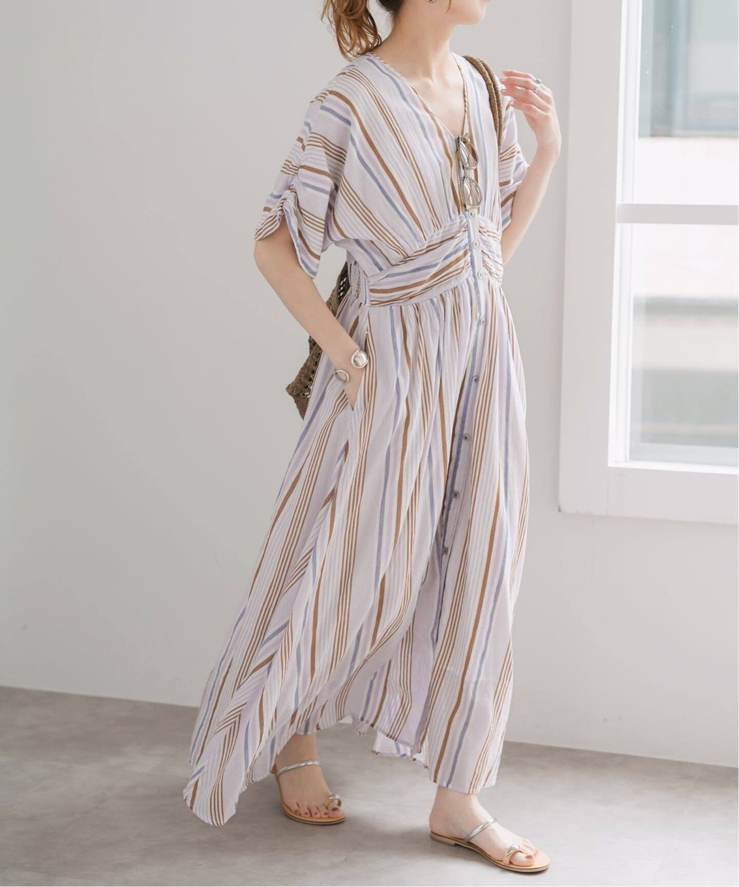 【スピック&スパン/Spick & Span】の《別注カラー有 / 追加 》ne Quittez pas Cotton Voile Stripe Waist Gather Dress インテリア・キッズ・メンズ・レディースファッション・服の通販 founy(ファウニー) 　ファッション　Fashion　レディースファッション　Fashion for Women　ワンピース　Dresses　フォーマル・パーティードレス・結婚式用ドレス　Elegant & Casual Dresses　インド　Indian Textile　エレガント 上品　Elegant　ギャザー　Gathered, Ruffled　ストライプ　Stripe, Striped Pattern　ドレス　Dress, One-Piece　定番　Standard, Basic Item　プリント　Print, Printed Pattern　別注　Limited Edition, Custom Order　レース　Lace, Lace Fabric　パープル B|ID: prp329100004975640 ipo3291000000037298780