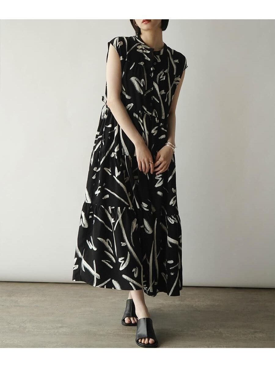 【ラシュッド/LASUD】のウェーブプリントティアードワンピース インテリア・キッズ・メンズ・レディースファッション・服の通販 founy(ファウニー) 　ファッション　Fashion　レディースファッション　Fashion for Women　ワンピース　Dresses　アクセサリー　Fashion Accessories　インナー　Innerwear　ティアードワンピース　Tiered Dress, Flared Dress　リボン　Ribbon, Bow　ブラック|ID: prp329100004975650 ipo3291000000037298815