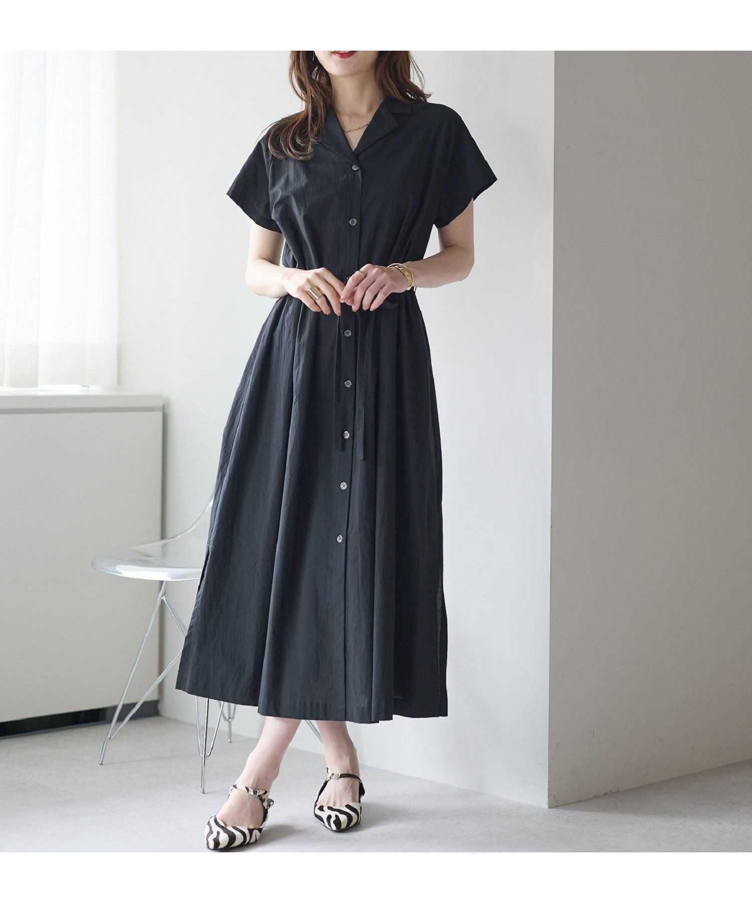 【プレフェリール/PREFERIR】の前開き2WAYウエストギャザーシャツワンピース インテリア・キッズ・メンズ・レディースファッション・服の通販 founy(ファウニー) 　ファッション　Fashion　レディースファッション　Fashion for Women　ワンピース　Dresses　シャツワンピース / 1枚で着映えコーデ　Shirt Dresses　ブラック|ID: prp329100004975692 ipo3291000000037298979