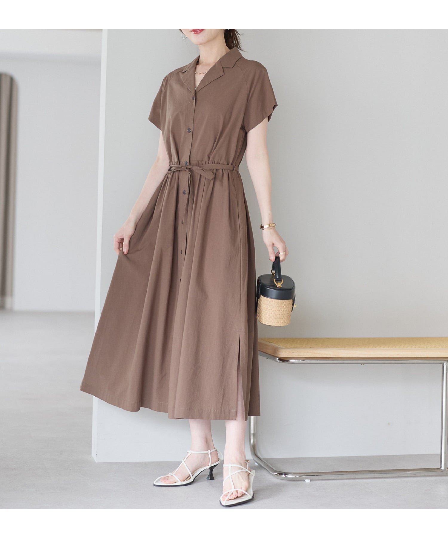 【プレフェリール/PREFERIR】の前開き2WAYウエストギャザーシャツワンピース インテリア・キッズ・メンズ・レディースファッション・服の通販 founy(ファウニー) 　ファッション　Fashion　レディースファッション　Fashion for Women　ワンピース　Dresses　シャツワンピース / 1枚で着映えコーデ　Shirt Dresses　ブラウン|ID: prp329100004975692 ipo3291000000037298980