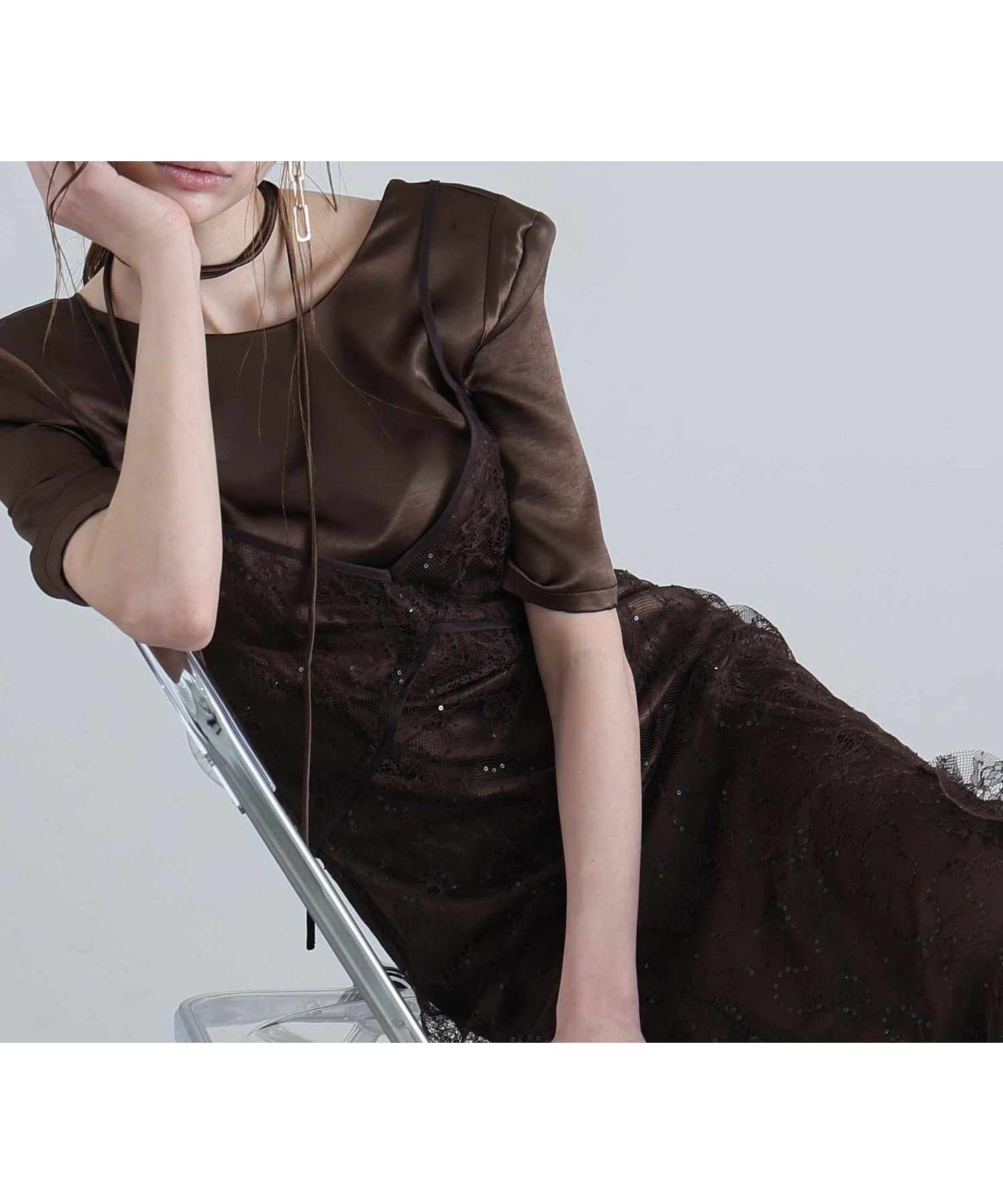 【プールヴー/PourVous】のスパークルレース*サテンドレス パーティードレス 結婚式 オケージョン インテリア・キッズ・メンズ・レディースファッション・服の通販 founy(ファウニー) 　ファッション　Fashion　レディースファッション　Fashion for Women　ワンピース　Dresses　フォーマル・パーティードレス・結婚式用ドレス　Elegant & Casual Dresses　インナー　Innerwear　オケージョン　Occasion Wear　キャミソール　Camisole, Spaghetti Strap Top　サテン　Satin, Glossy Fabric　チュール　Tulip, Tulip Motif　デコルテ　Décolleté, Neckline　ドレス　Dress, One-Piece　無地　Plain, Solid Color　レース　Lace, Lace Fabric　ロング　Long, Long-Length　おすすめ　Recommended / Our Picks　エレガント 上品　Elegant　セレモニー　Ceremony　結婚式　Wedding　二次会　After Party　ブラウン|ID: prp329100004975837 ipo3291000000037299561