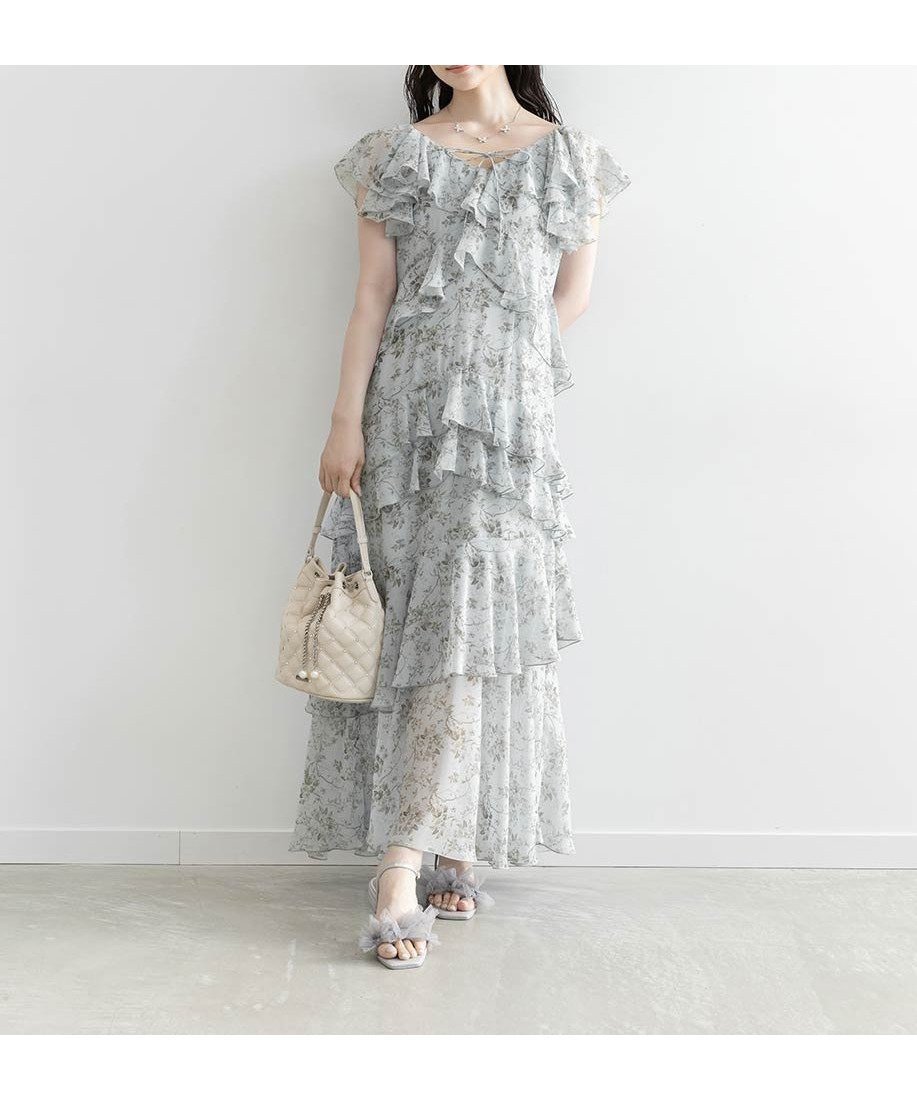 【ランダ/RANDA】のラッフルフリルシフォンワンピース インテリア・キッズ・メンズ・レディースファッション・服の通販 founy(ファウニー) 　ファッション　Fashion　レディースファッション　Fashion for Women　ワンピース　Dresses　切替　Switching, Contrast Panel　スニーカー　Sneakers, Trainers　ティアードワンピース　Tiered Dress, Flared Dress　トレンド　Trend, Trending Now　フリル　Frill, Ruffle　プリント　Print, Printed Pattern　ロマンティック　Romantic, Feminine Style　エレガント 上品　Elegant　BLUE|ID: prp329100004975945 ipo3291000000037299942