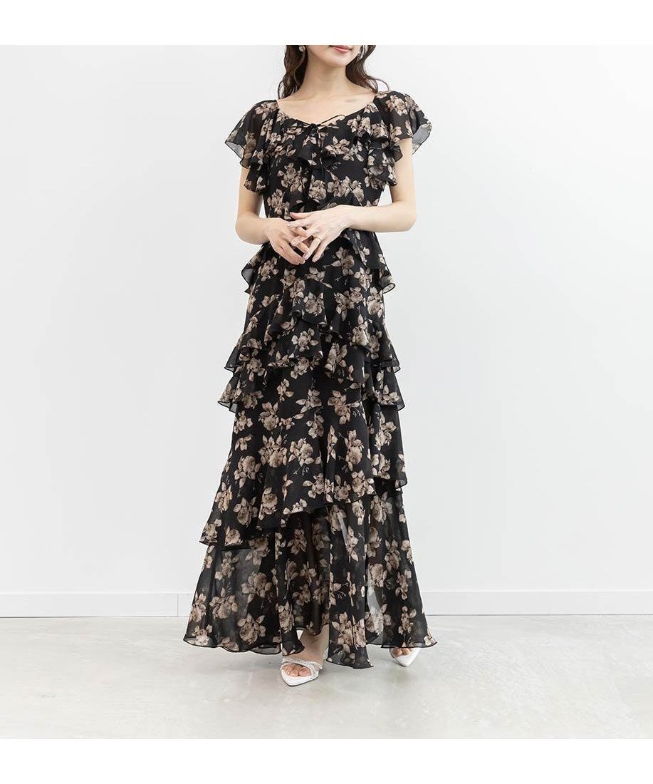 【ランダ/RANDA】のラッフルフリルシフォンワンピース インテリア・キッズ・メンズ・レディースファッション・服の通販 founy(ファウニー) 　ファッション　Fashion　レディースファッション　Fashion for Women　ワンピース　Dresses　切替　Switching, Contrast Panel　スニーカー　Sneakers, Trainers　ティアードワンピース　Tiered Dress, Flared Dress　トレンド　Trend, Trending Now　フリル　Frill, Ruffle　プリント　Print, Printed Pattern　ロマンティック　Romantic, Feminine Style　エレガント 上品　Elegant　BLACK|ID: prp329100004975945 ipo3291000000037299943