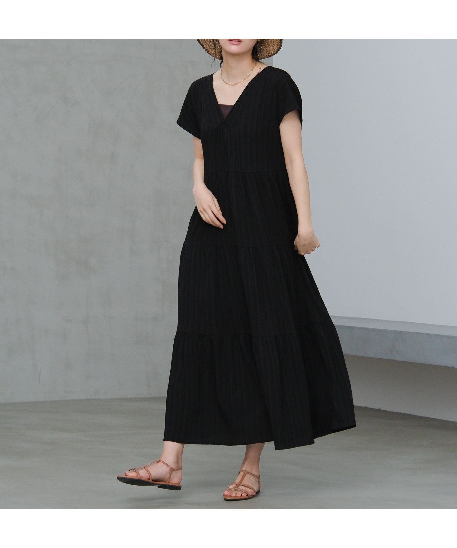 【ラコレ/LAKOLE】の楊柳ティアードフレンチスリーブワンピース インテリア・キッズ・メンズ・レディースファッション・服の通販 founy(ファウニー) 　ファッション　Fashion　レディースファッション　Fashion for Women　ワンピース　Dresses　おすすめ　Recommended / Our Picks　デコルテ　Décolleté, Neckline　デニム　Denim, Jeans Material　ベーシック　Basic, Essential　ボトム　Bottoms, Lower Wear　リラックス　Relax, Relaxed Fit　ブラック|ID: prp329100004975948 ipo3291000000037299952