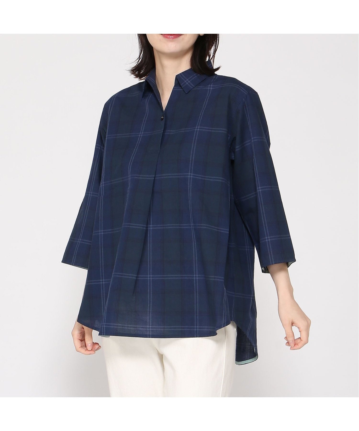 【クロコダイル/CROCODILE】のスキッパー チェック 七分袖チュニック インテリア・キッズ・メンズ・レディースファッション・服の通販 founy(ファウニー) 　ファッション　Fashion　レディースファッション　Fashion for Women　トップス・カットソー　Cut & Sew Tops　スキッパー　Skipper, Open Collar　チェック　Check, Plaid, Tartan　チュニック　Tunic, Long Top　ベーシック　Basic, Essential　ネイビー|ID: prp329100004975961 ipo3291000000037300016