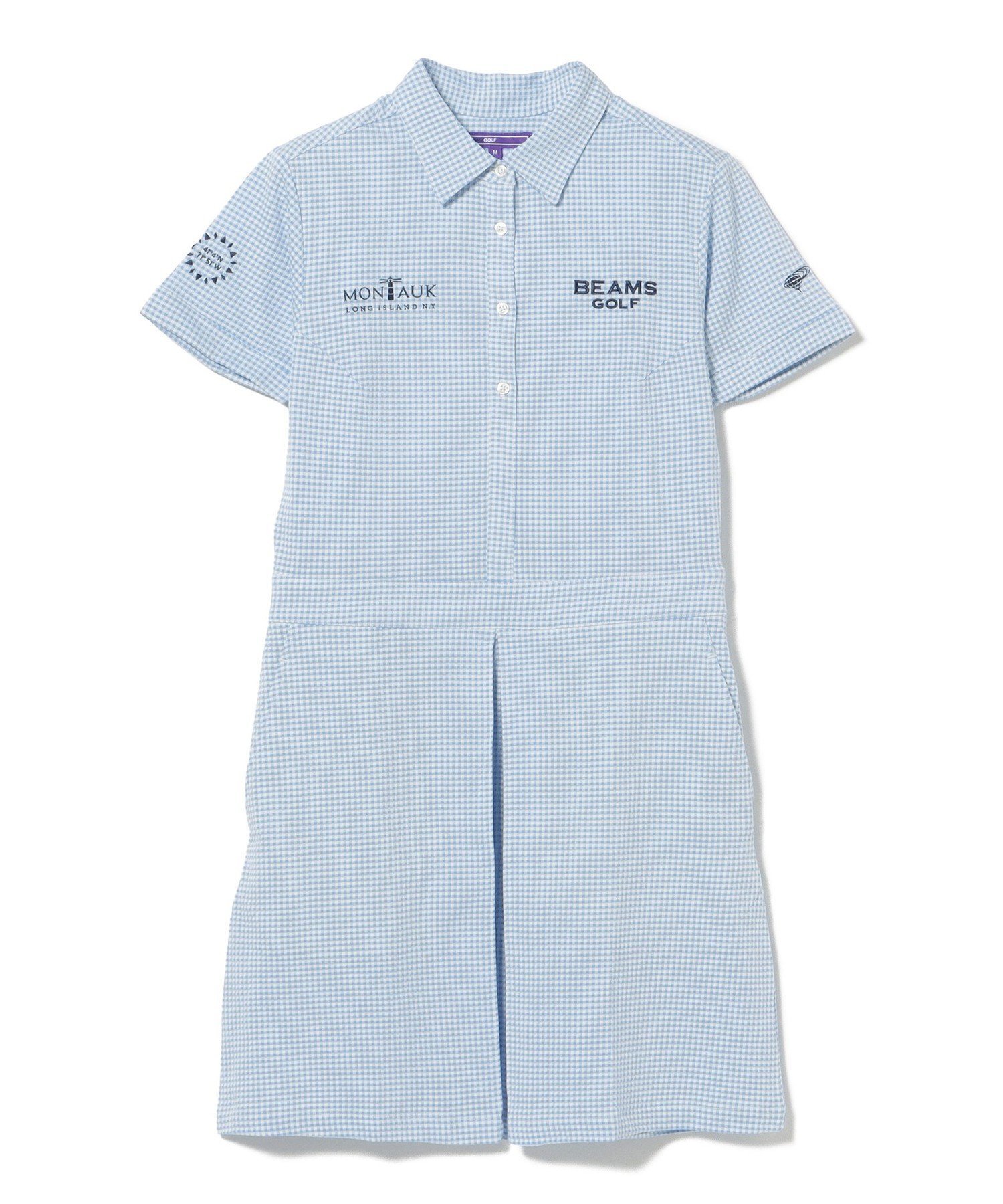 【ビームス ゴルフ/BEAMS GOLF】のPURPLE LABEL / MONTAUK ギンガムサッカー ワンピース インテリア・キッズ・メンズ・レディースファッション・服の通販 founy(ファウニー) 　ファッション　Fashion　レディースファッション　Fashion for Women　ワンピース　Dresses　カッティング　Cutting Detail　ギンガム　Gingham, Gingham Fabric　サッカー　Seersucker, Summer Fabric　チェック　Check, Plaid, Tartan　ニューヨーク　New York, NYC Style　バランス　Balance, Style Balance　モチーフ　Motif, Design Theme　ラウンド　Round, Round Neck　リゾート　Resort, Vacation Style　リラックス　Relax, Relaxed Fit　おすすめ　Recommended / Our Picks　エレガント 上品　Elegant　ゴルフ　Golf　SAX|ID: prp329100004976012 ipo3291000000037300233