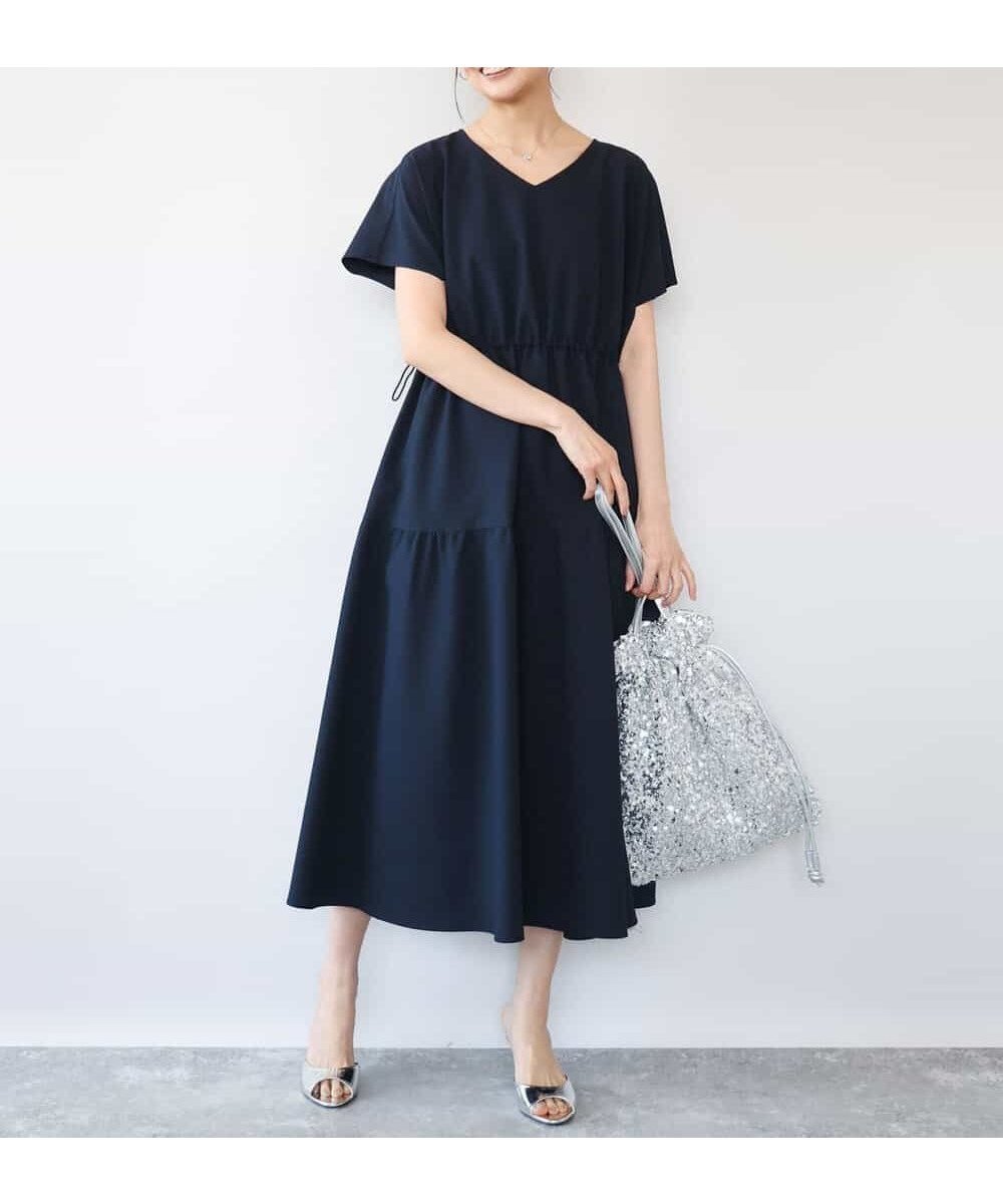 【エムケイ ミッシェルクラン/MK MICHEL KLEIN】の撥水/UVカット/洗える ドローコードデザインVネックワンピース インテリア・キッズ・メンズ・レディースファッション・服の通販 founy(ファウニー) 　ファッション　Fashion　レディースファッション　Fashion for Women　ワンピース　Dresses　アンダー　Underwear Essentials　春　Spring　洗える　Machine Washable　秋　Autumn　ドレス　Dress, One-Piece　ドローコード　Drawcord, Drawstring Cord　リラックス　Relax, Relaxed Fit　冬　Winter / This Winter　夏　Summer　ビジネス 仕事 通勤　Business / Work / Commuting　ネイビー|ID: prp329100004976152 ipo3291000000037300772